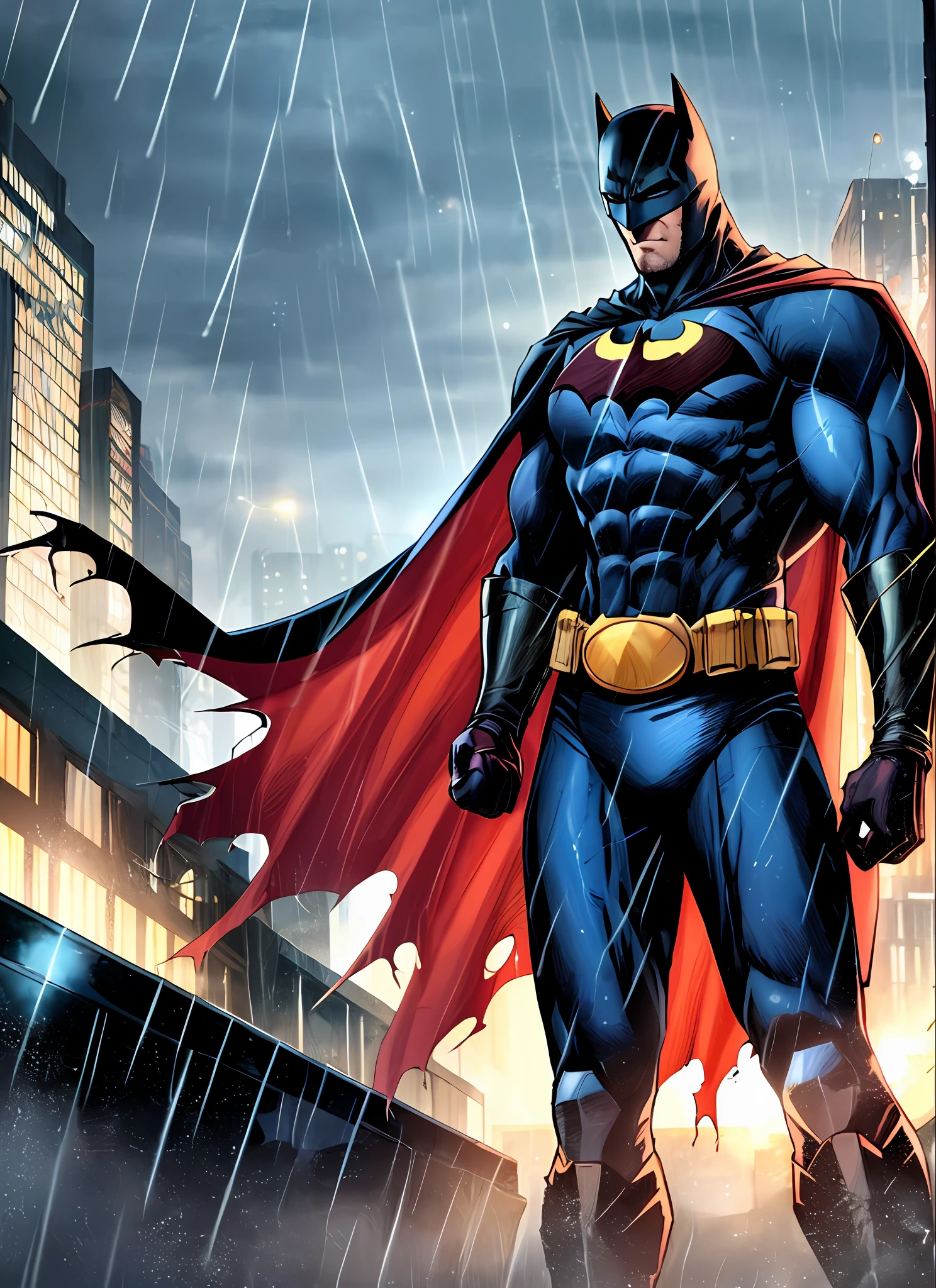 1boy, dark scene, cowboy shot of batman, athletic, white eyes, no pupils, night city, mist, particles, male focus, mask, muscular, muscular male, ragged and torn cape, night, outdoors, rain, serious, dark armosphere, detailed background, jim lee,