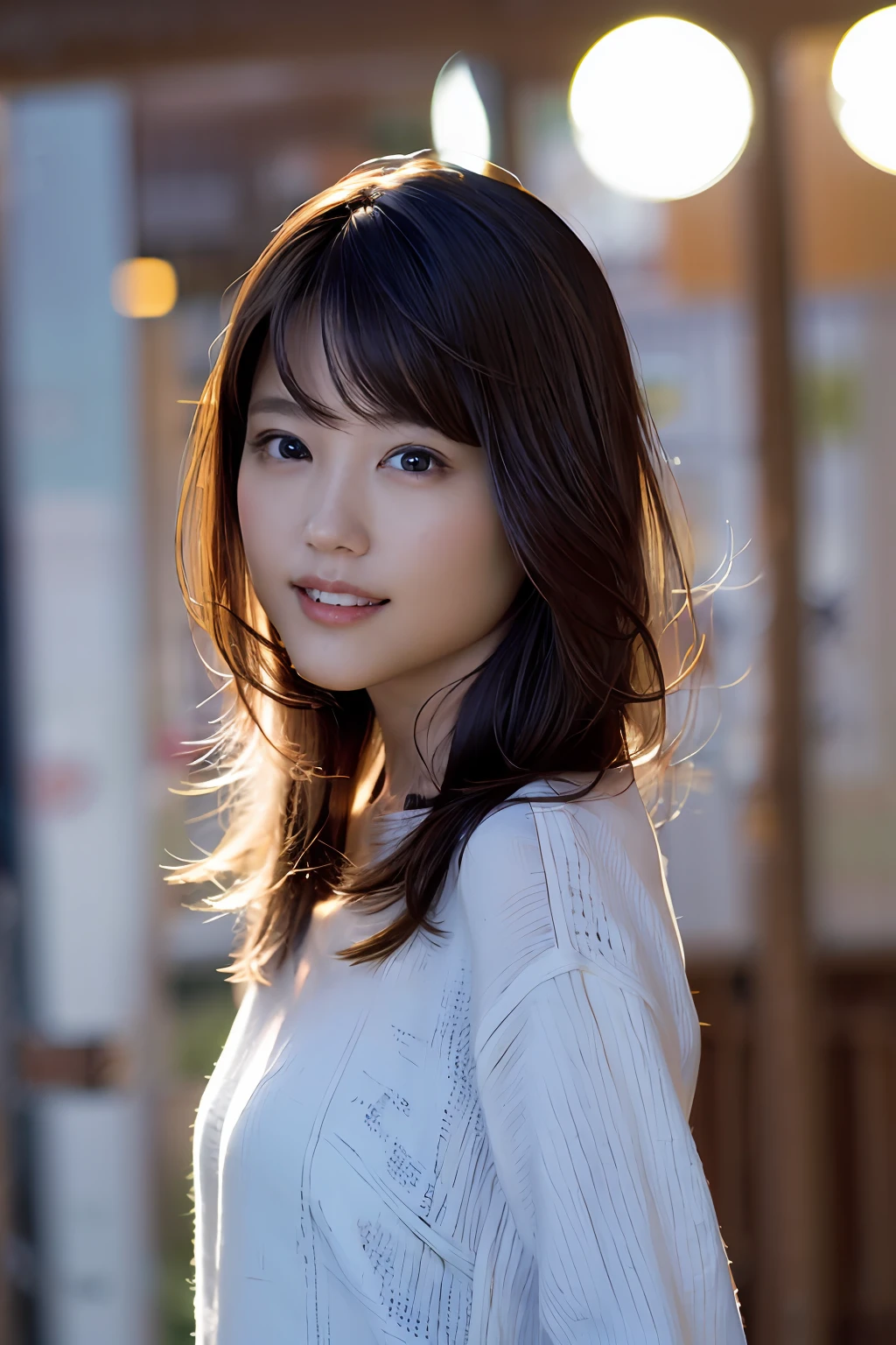 (8k, RAW photo, best quality, masterpiece:1.2), (realistic, photo-realistic:1.37), ultra-detailed, ultra high res,1 girl,looking at viewer,beautiful detailed face,smile,narrow,(slim waist:1.3),shirt, beautiful detailed skin, skin texture, floating hair,professional lighting,