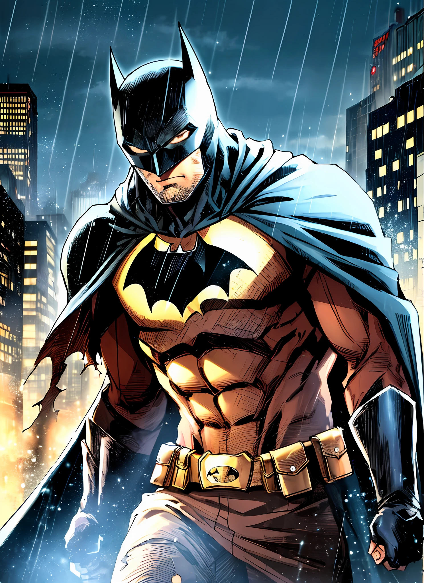 1boy, dark scene, cowboy shot of batman, athletic, white eyes, no pupils, night city, mist, particles, male focus, mask, muscular, muscular male, ragged and torn cape, night, outdoors, rain, serious, dark armosphere, detailed background, jim lee,