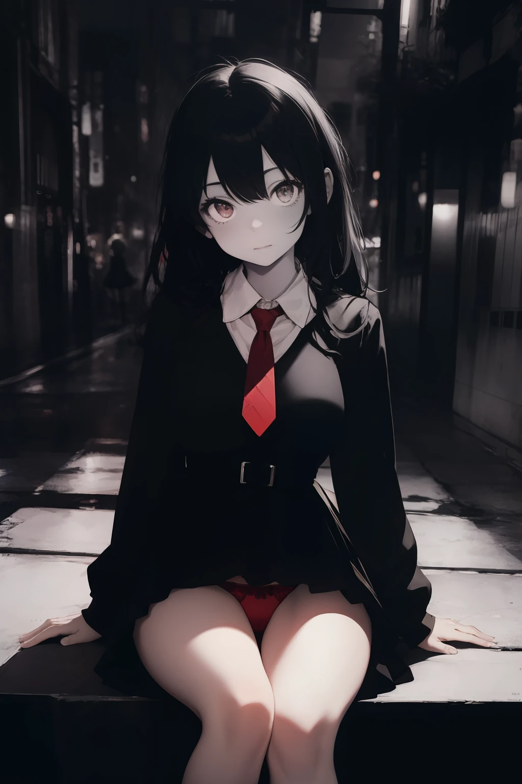 (masterpiece, best quality), 1girl, , realistic, black dress, red tie, goth, sitting, sprad legs, upskirt, (red panties), vibrant colors, abstract background, lines geometric, night, dark theme, high contrast, deep shadows