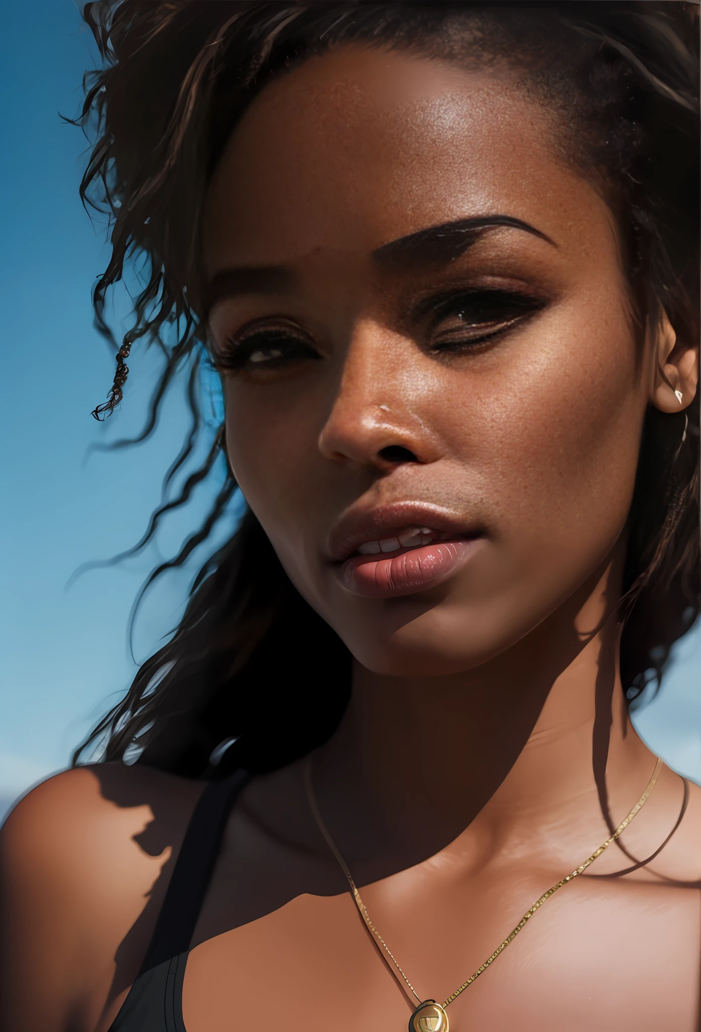 detailed black woman face looking at camera dark-brown eyes