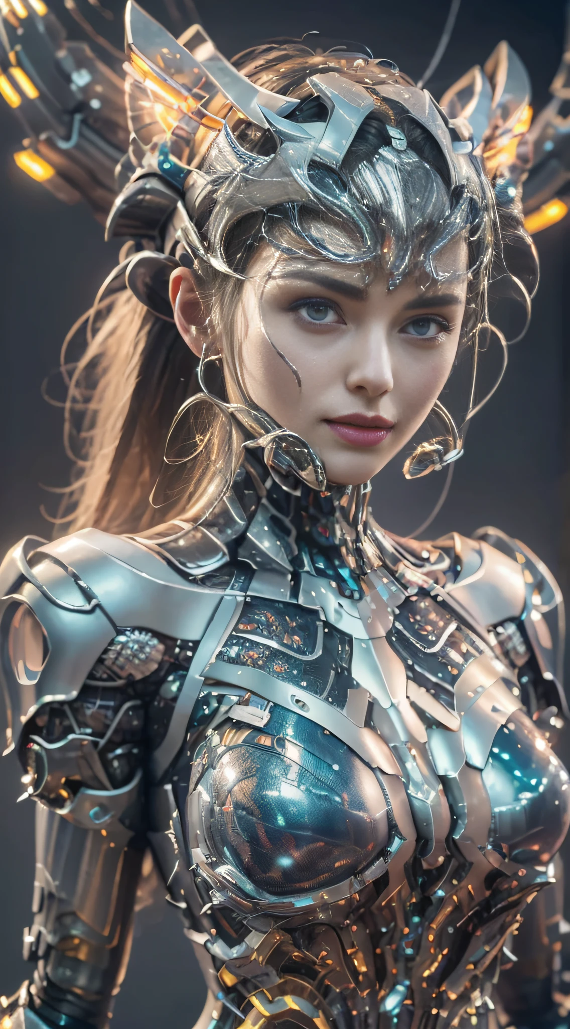 Masterpiece, best quality, super detailed, very detailed illustrations, very detailed, intricate details, high resolution, super complex details, very detailed 8k cg wallpaper, 50MM lens, caustics, reflections, ray tracing, nebulae, dark halos, network effects, (1girl:1.4), solo, alone, mecha musume, mechanical parts, robot joints, single mechanical arm, headgear, mechanical halo, star halo, electric mechanical bodysuit, mecha corset, kimono, full armor, very long hair, white hair, hair between eyes, multicolored hair, blue eyes, glowing eyes, random expression, random action, ancient chinese architecture, starry sky, skyline,