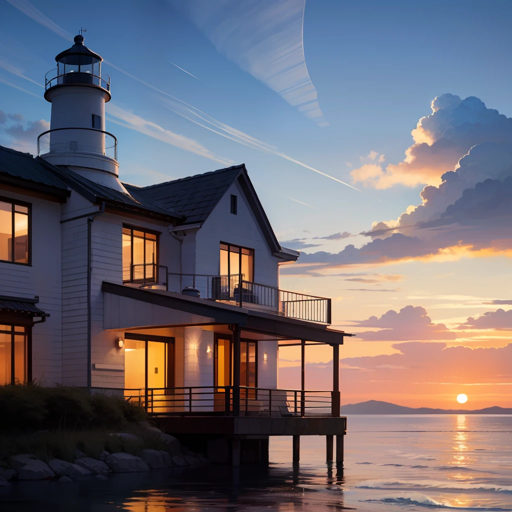 luxury modern house, lighthouse, sunset