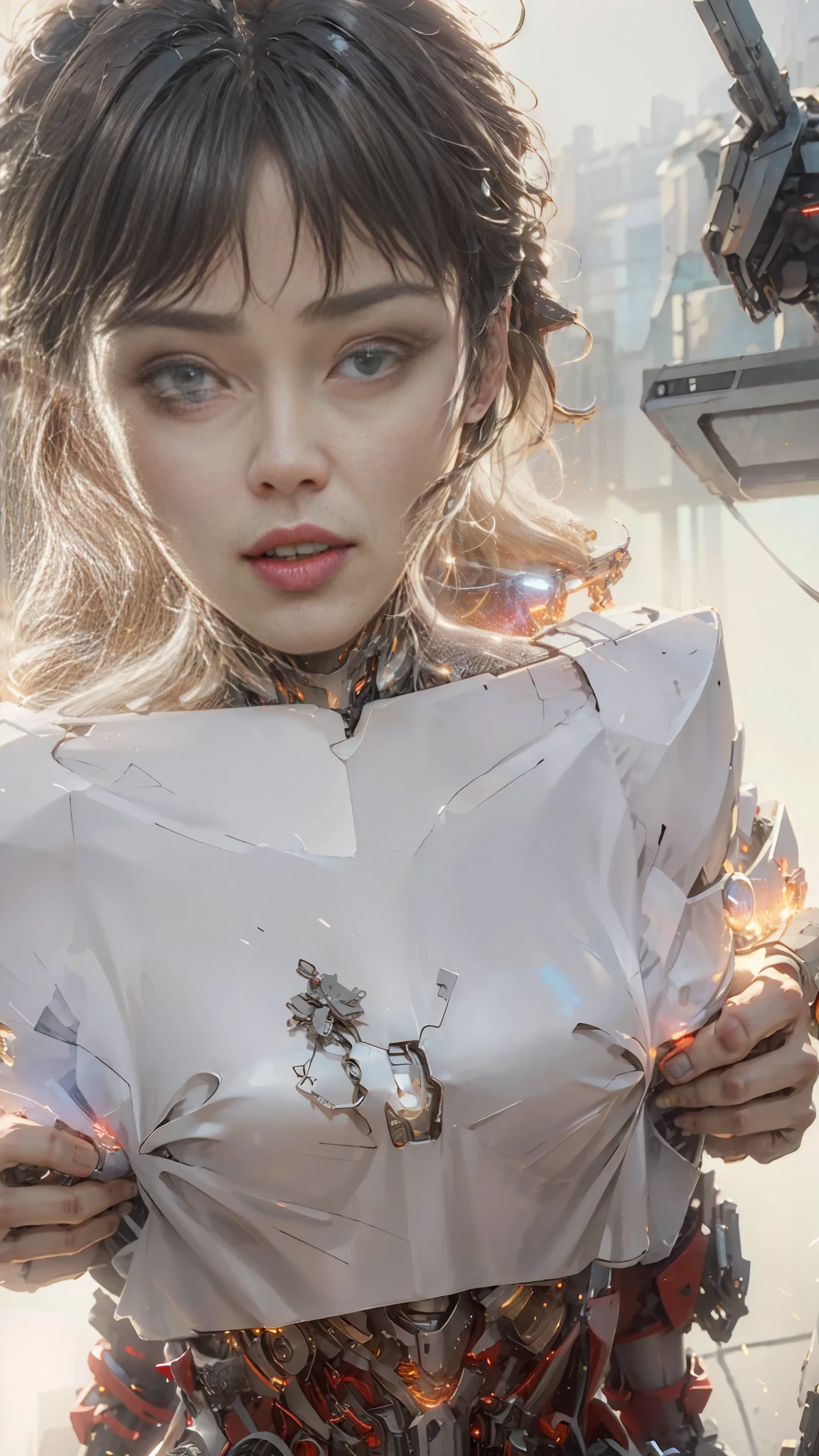 ((Best Quality)), ((Masterpiece)), (Very Detailed: 1.3), 3D, Shitu-mecha, Beautiful cyberpunk woman wearing crown with her mecha in ruins of a city in forgotten war, long silver hair, sci-fi technology, HDR (High Dynamic Range), ray tracing, nvidia RTX, super resolution, unreal 5, subsurface scattering, PBR texture, post-processing, anisotropic filtering, depth of field, maximum sharpness and sharpness, multi-layered texture, Albedo and specular mapping, surface shading, accurate simulation of light-material interactions, perfect ratios, octane rendering, duotone lighting, low ISO, white balance, rule of thirds, wide aperture, 8K RAW, high efficiency sub-pixels, subpixel convolution, luminous particles, light scattering, Tyndall effect