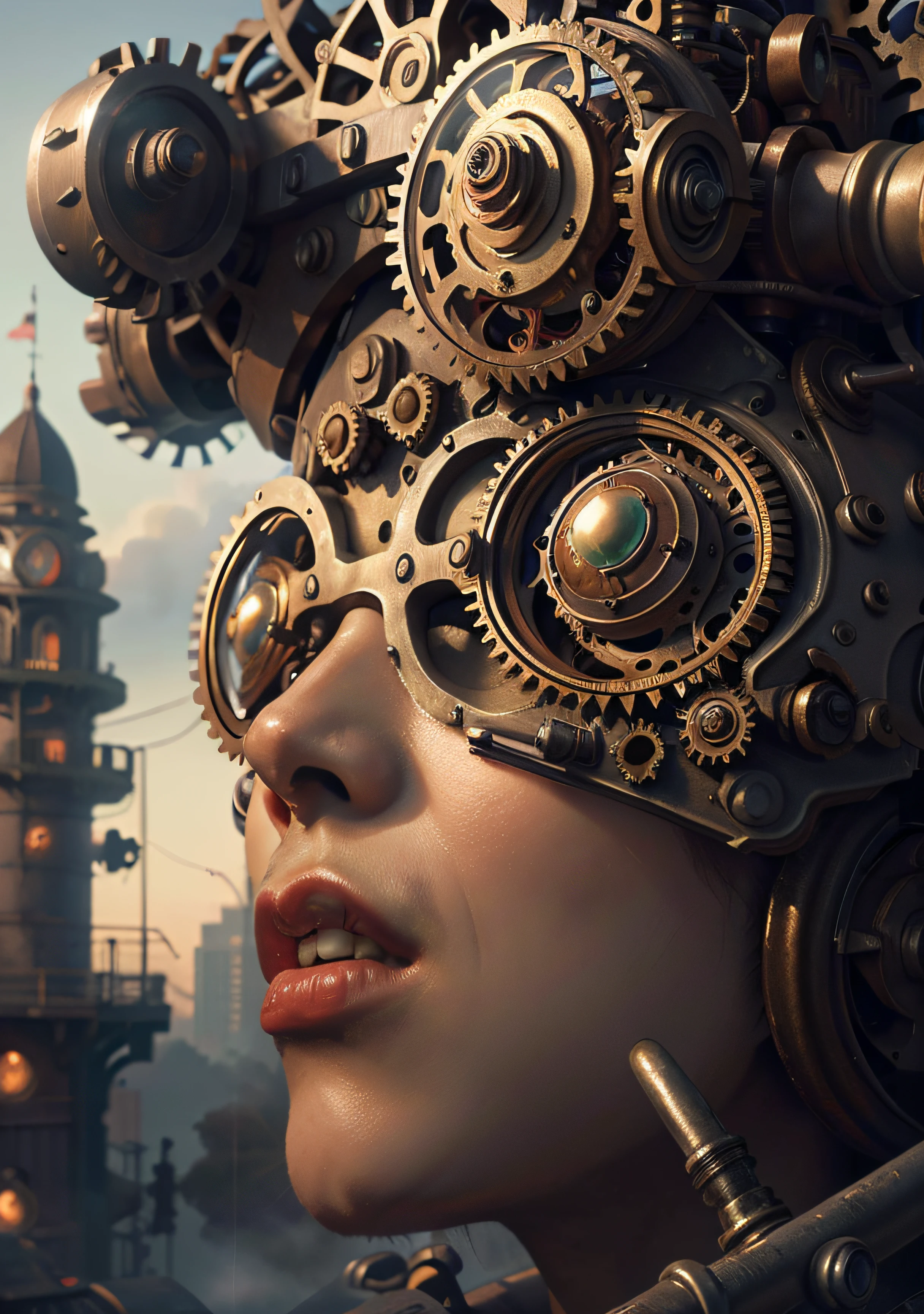 Masterpiece,melhor qualidade,fotorrealista,melhor sombra,delicado,..RAW,ultra high-resolution,Arte hiper-realista,gallery-grade work,Arte Oficial,wallpaper forced,64 mil,,ultra precision,visualmente impressionante,Obra-prima sublime,peak clarity,1 enorme cidade Steampunk,High-rise buildings covered by behemoth-like mechanical devices,show a scene of sharp contrast,Uma camada de nuvens subindo desordenadamente sobre a cidade,Huge steampunk buildings,The surface is covered with complex gears and mechanical devices,(vision,full view,corpo inteiro:1.2),(Nas paredes da cidade Steampunk,1 soldiers in strong mechanical armor.,Handheld Steam Gun,Guard the safety of the city:1.2),Steampunk,dirigible,Steam robot,