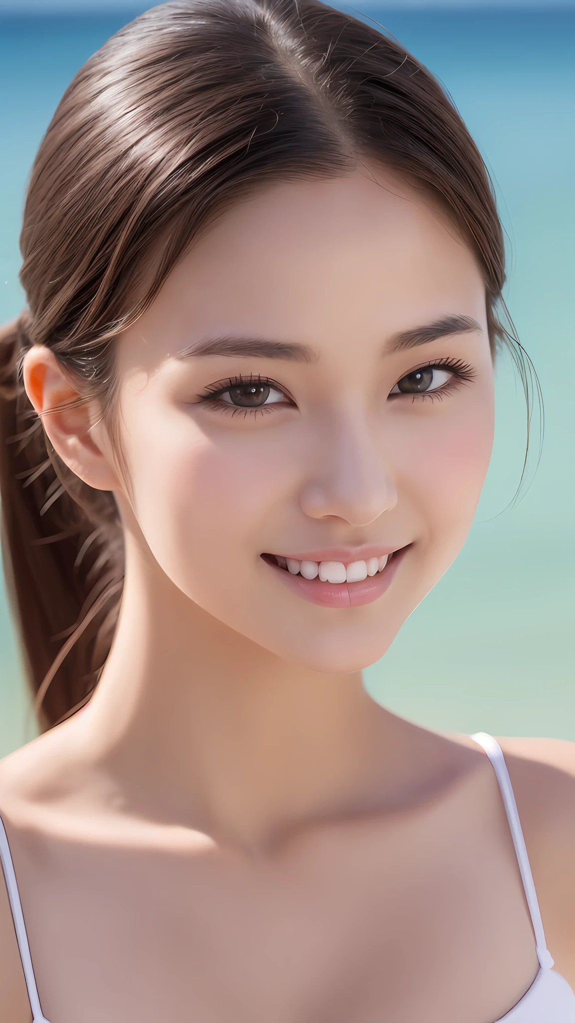 ((beste-Qualit、Top image quality、Super-High Resolution))、((photo- realistic:1.4))、Beautiful girl walking on the beach、Neat and clean beautiful girl、独奏、((flat breast、small tits：1.5))、tthin eyebrows、20 yrs、Young models、Round contour、A charming smile、big eye、hposing Gravure Idol、Perfect style、Ultra-detailed and beautiful skin、light skinned、poneyTail、maicro bikini、Super detailed and beautiful face