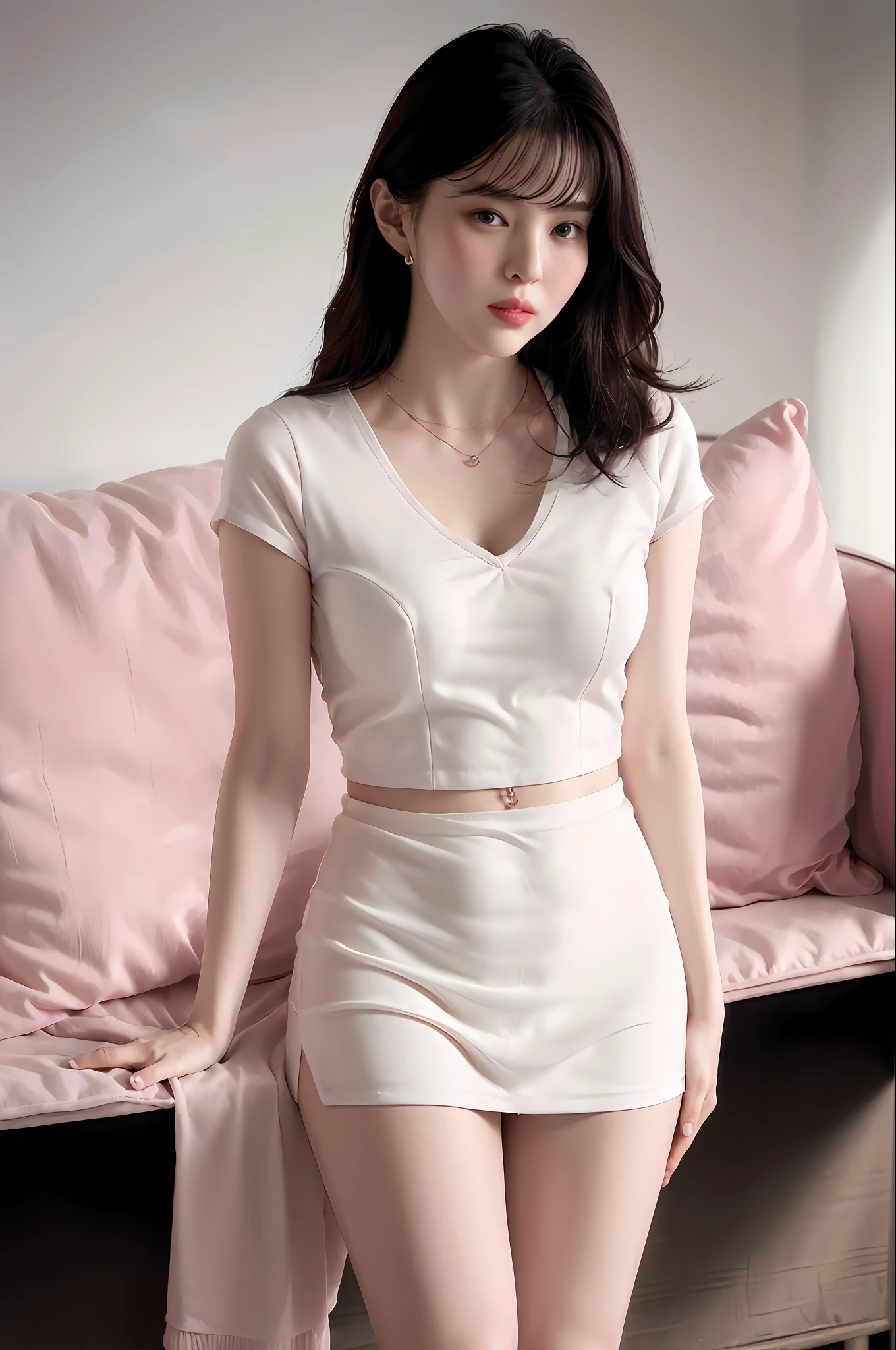 realisticlying,8K,Ultra Realistic Detail,Sharp focus,Delicate skin,(Outside,Usually comfortable in soft lighting),(white mini-skirt,Pink lingerie,Crystal heels,statement necklace),Extremely detailed face and eyes,(Large breasts),Wear flesh-colored stockings