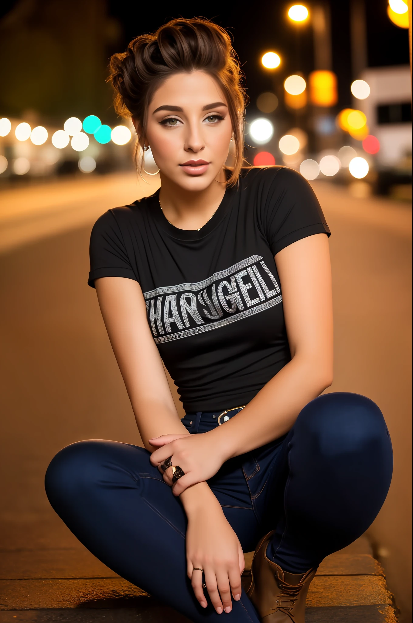 portrait photo of AbellaDanger beautiful woman hair, black round neck plain Teeshirt, with skinny jeans and ankle Boots, updo upsweep, nightlife,sitting at road side (masterpiece) (best quality) (detailed) (8k) (HDR) (wallpaper) (cinematic lighting) (sharp focus) (intricate)