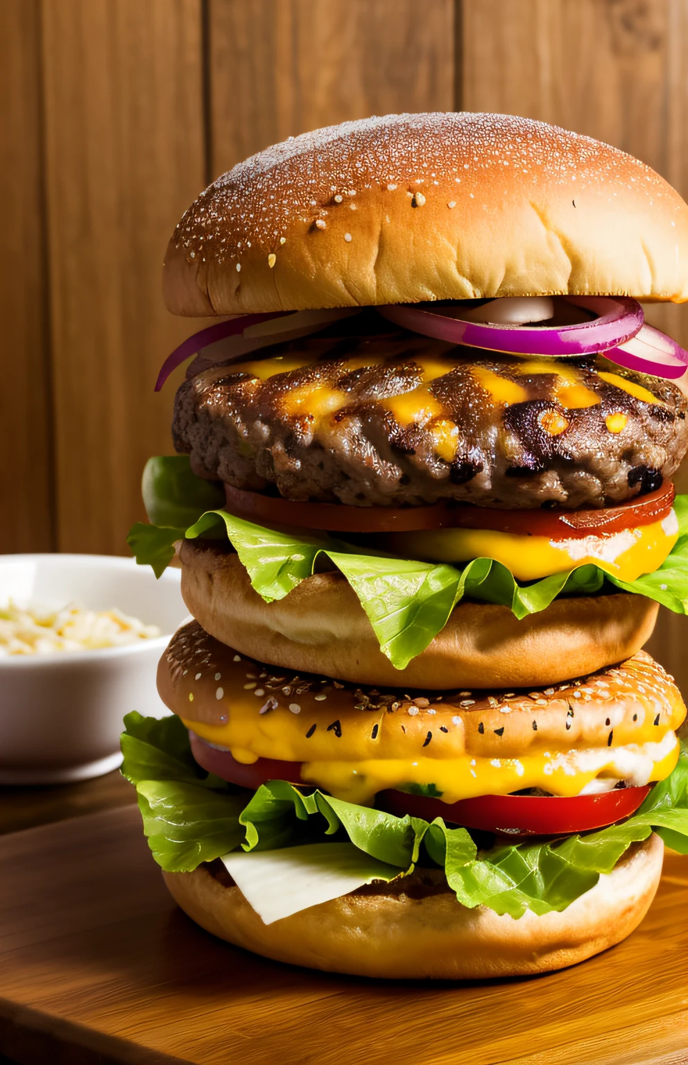 Photo of a three-tier beef cheeseburger，Plump and juicy（Rustic dinner background）+，Seed bread，Pepperjack cheese，（complexdetails：1.12），hdr，（complexdetails，ultra detali：1.15）