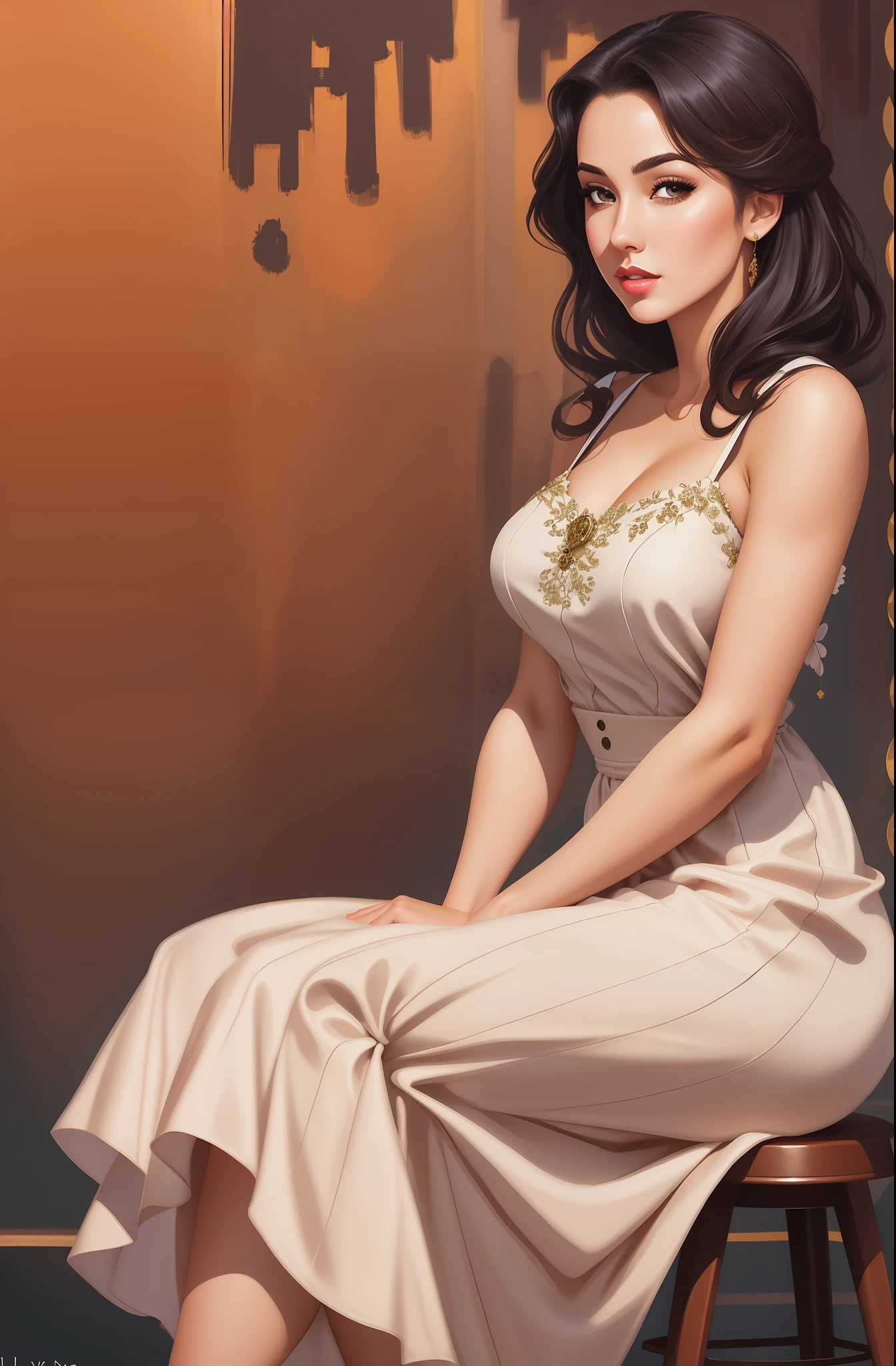 there is a woman sitting on a stool in a dress, digital art of an elegant, pinup art, fully clothed. painting of sexy, style ivan talavera and artgerm, stunning digital illustration, artgasm, beautiful digital illustration, style artgerm, pinup, artgerm and warren louw, martin ansin artwork portrait, comic pinup style