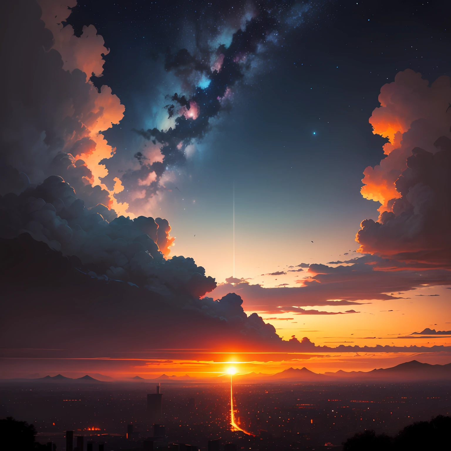 The setting sun leaks out of the clouds,In the distance are clouds of fire,The sky is full of stars,With a drizzle,and neon in the distance --auto