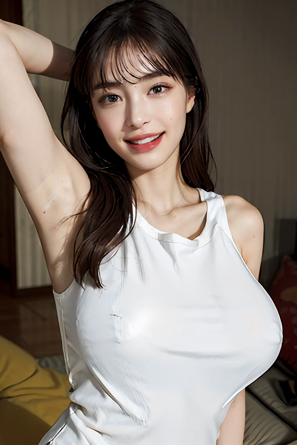 (A hyper-realistic), (illutst), (A high resolution), (8K), (richly detailed), (the best illustration), (beautiful-detailed eyes), (beste-Qualit), (ultra hyper-detailed), (шедевр), (wall-paper), (details face), a bed、Upper body close-up,Armpit, A smile,Plump,独奏,(Girl in a tight white tank top with open chest), full of sweat, japanes, big chest out, (camel's toe)、gigantic-breast、Luxury living room、