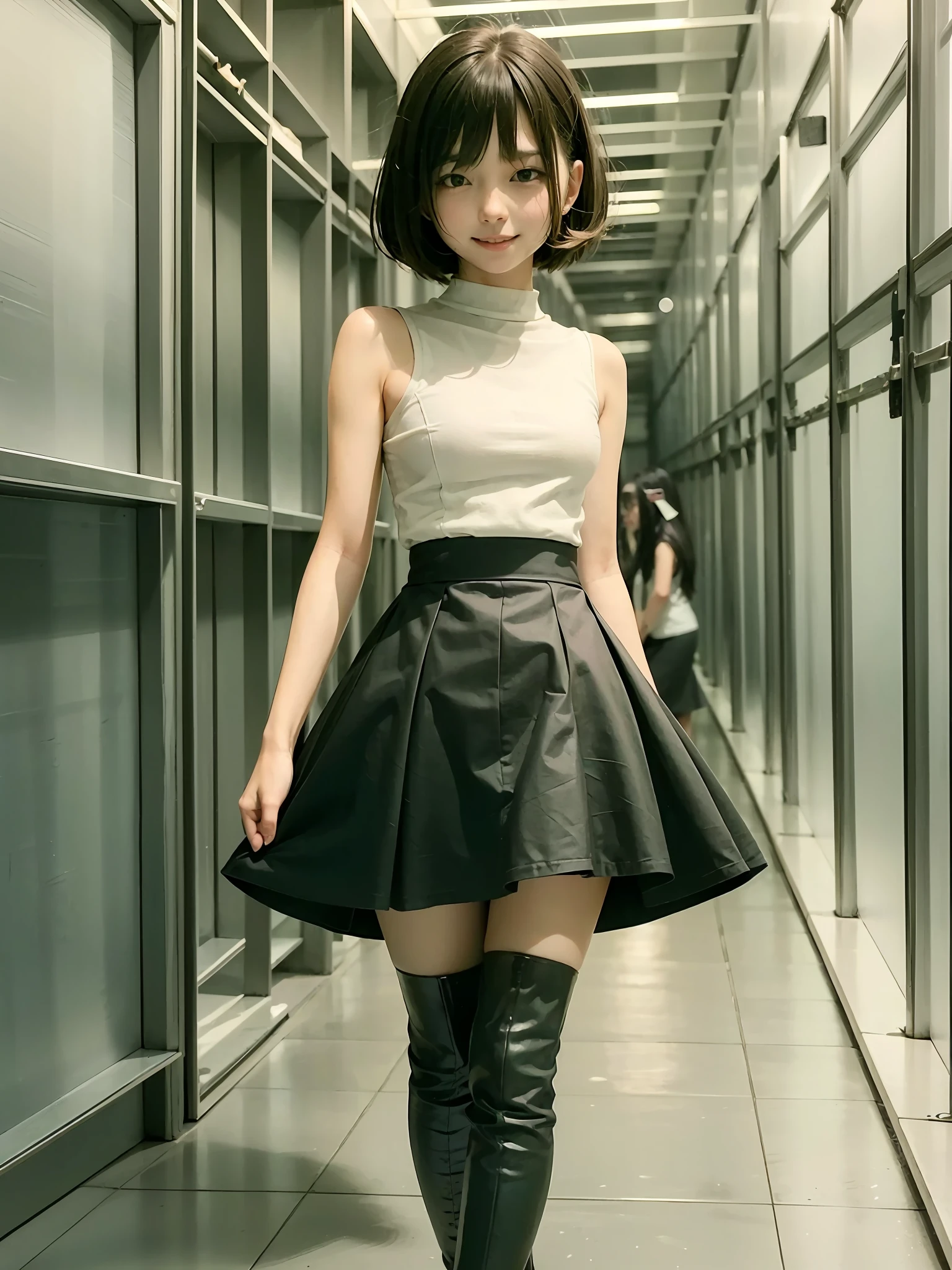 Cute,extremely delicate and beautiful girl,A smile, Black skirt, longskirt,high waist skirt,high-necked,Sleeveless,bob cuts,long boots,ultra hyper-detailed, 4K, masutepiece,Smile,Small mouth,white shirt,Mermaid skirt,