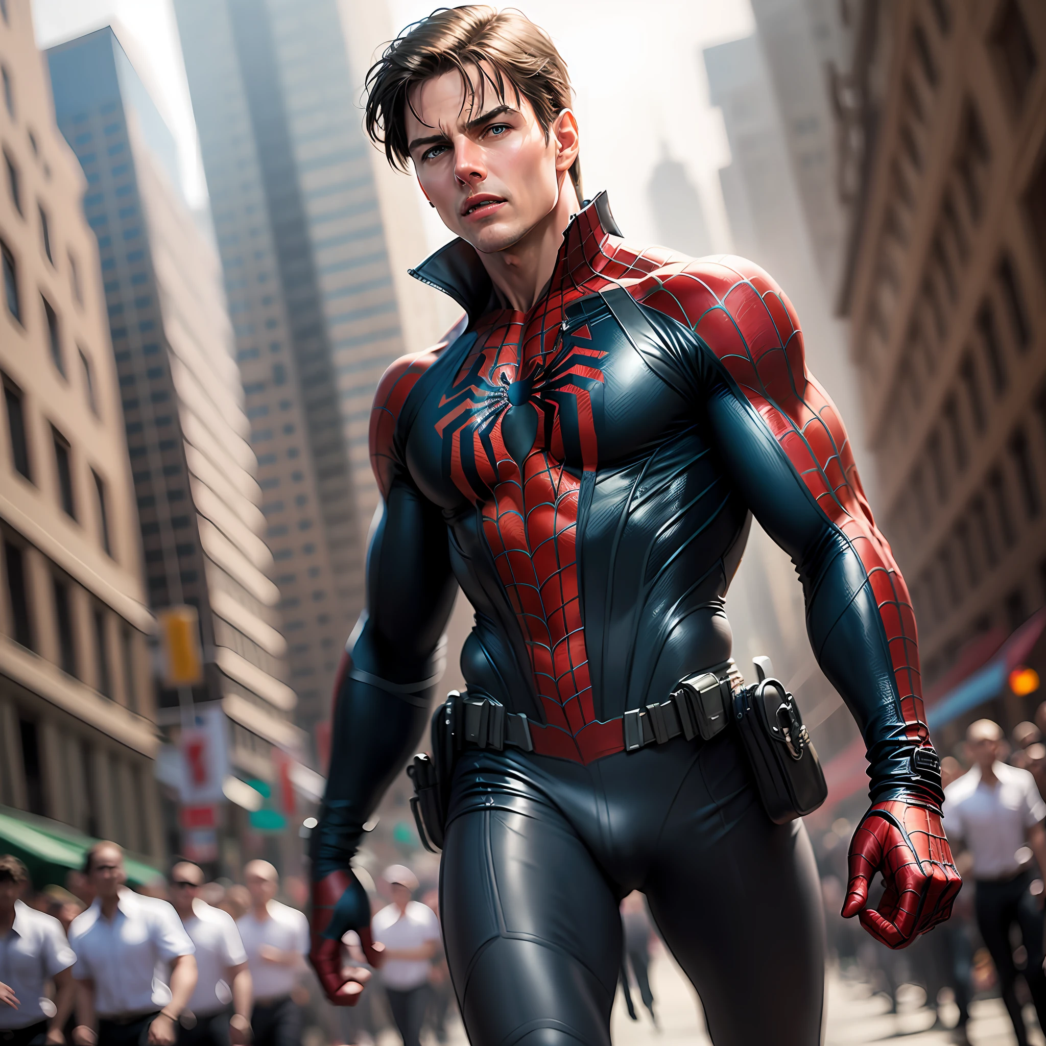 Tom cruise as a spider man , walking in crowd,blur Nikon camera image, masterpiece, realistic,top quality --auto --s2