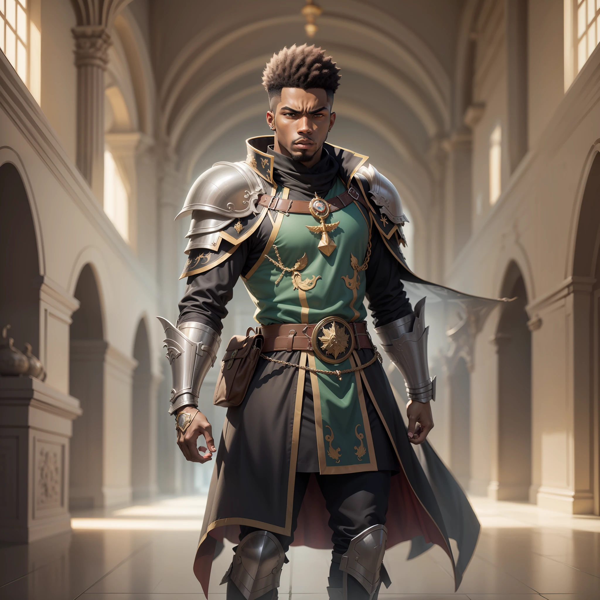 realistic image with anime style art of a black man, 20 years old, tall, strong, short hair, dressed in black cleric robes with shoulder pads, rpg warrior, angry, standing in a large hall of a royal palace