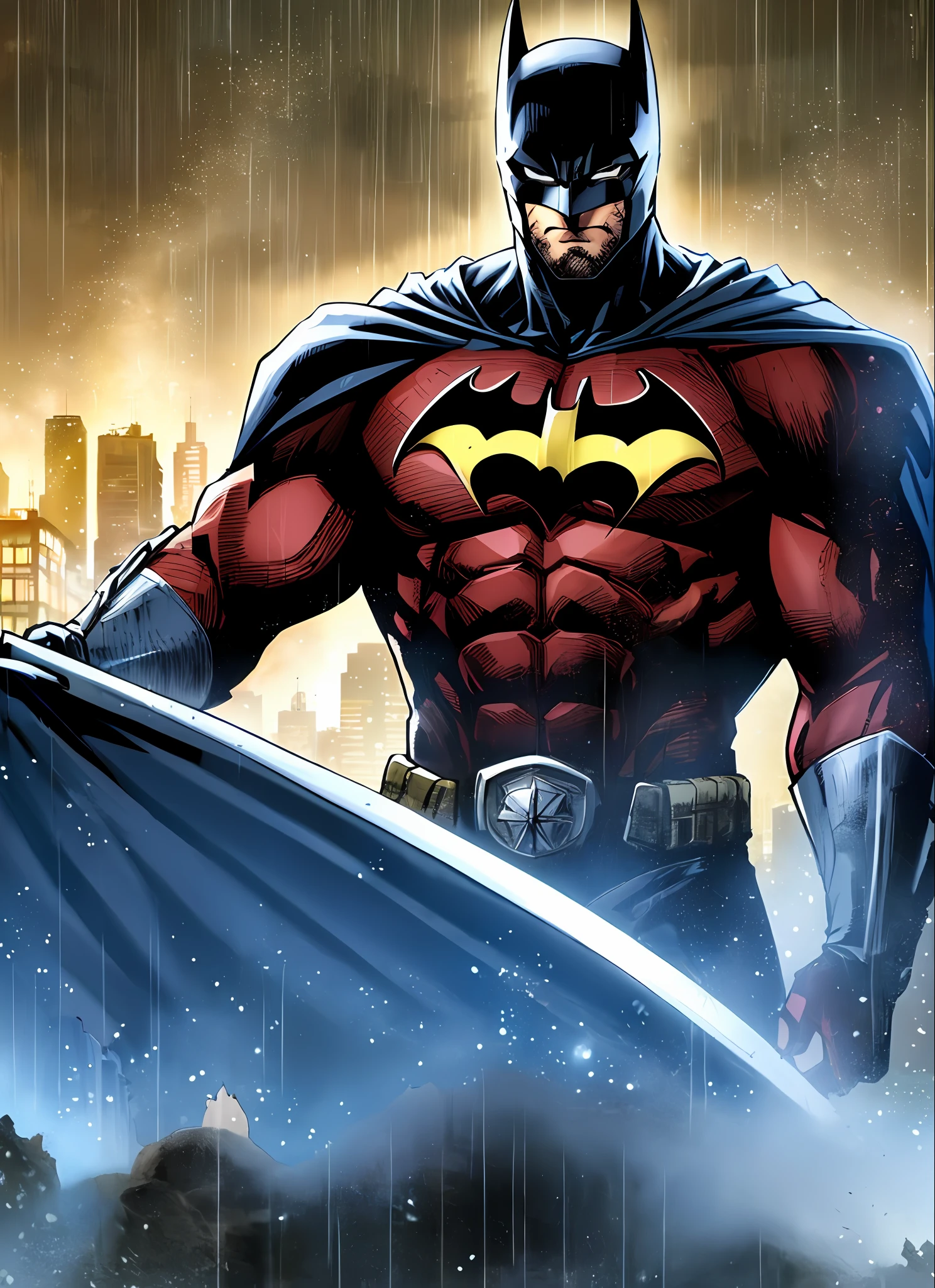 1boy, dark scene, cowboy shot of batman, athletic, white eyes, no pupils, night city, mist, particles, male focus, mask, muscular, muscular male, ragged and torn cape, night, outdoors, rain, serious, dark armosphere, detailed background, jim lee,