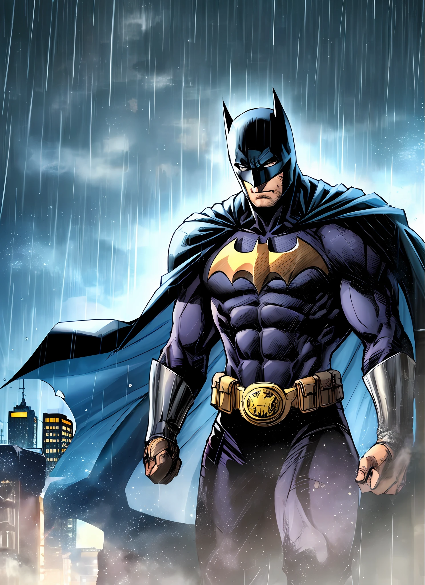 1boy, dark scene, cowboy shot of batman, athletic, white eyes, no pupils, night city, mist, particles, male focus, mask, muscular, muscular male, ragged and torn cape, night, outdoors, rain, serious, dark armosphere, detailed background, jim lee,