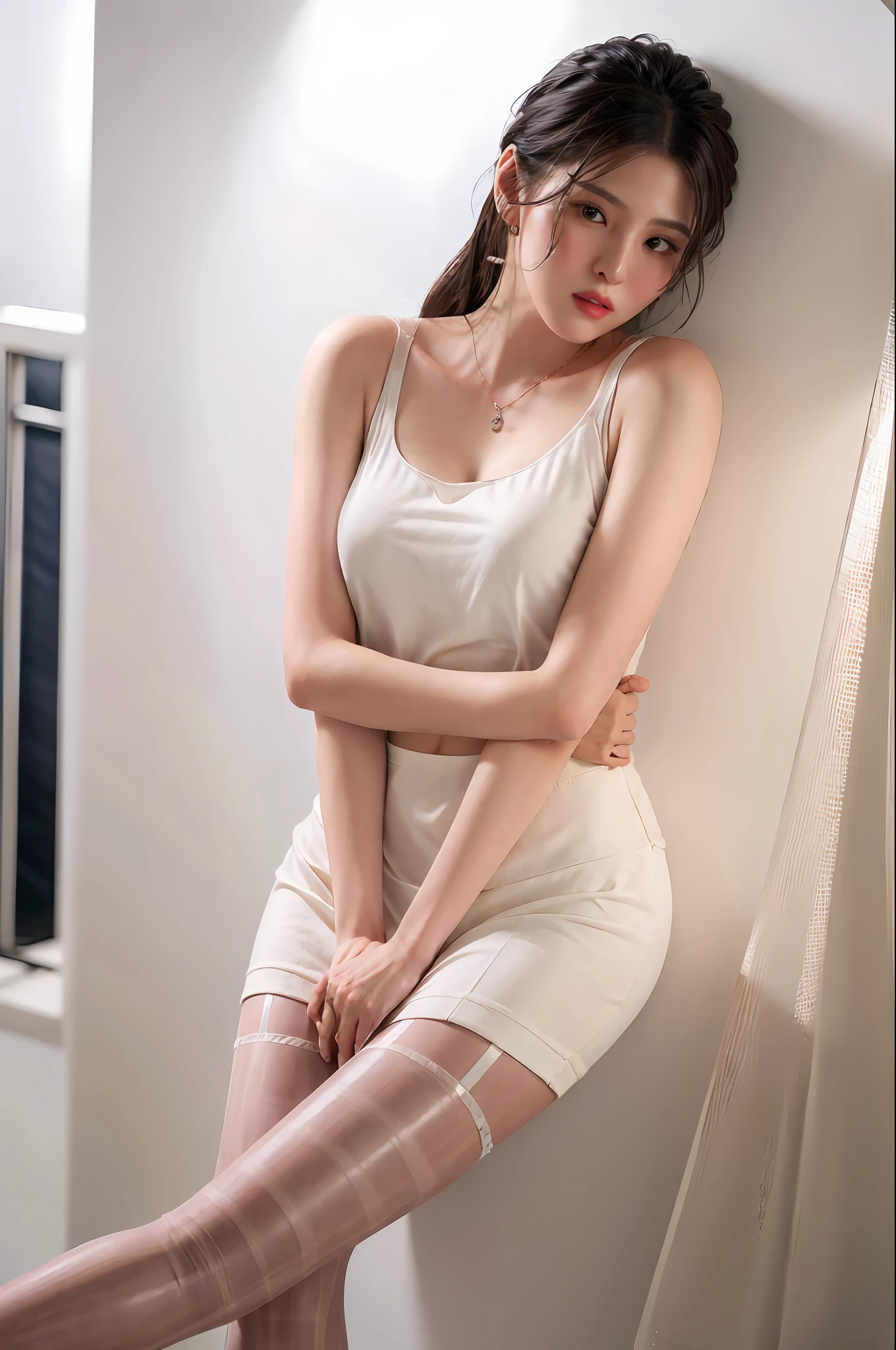 realisticlying，8K，Ultra Realistic Detail，Sharp focus，Delicate skin，（Outside，Usually comfortable in soft lighting），（white mini-skirt，lingeries，Crystal heels，statement necklace），Extremely detailed face and eyes，（Large breasts)，Wear flesh-colored stockings