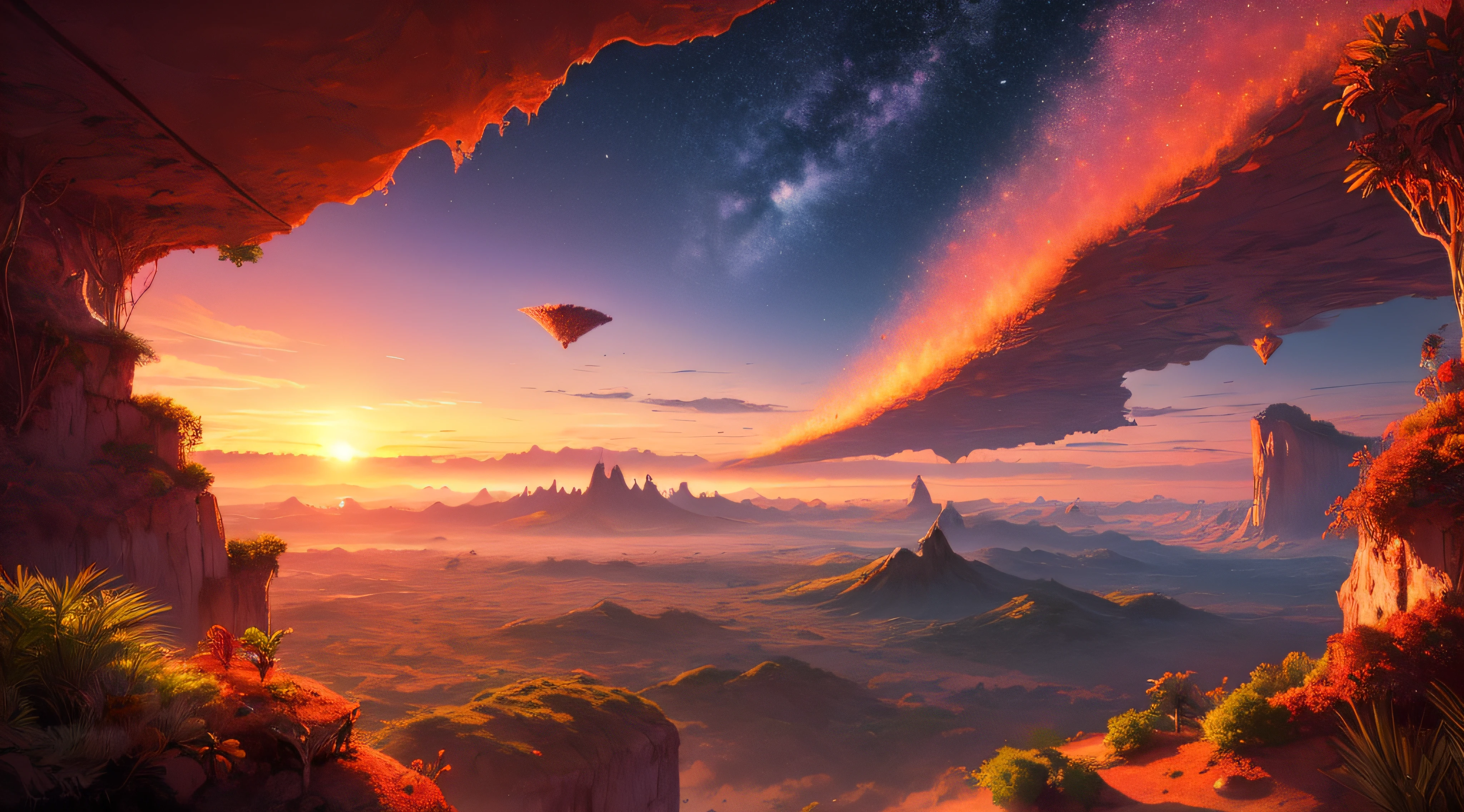 fantasy world red gradient sunset, floating islands, space view comets, jungles, birds