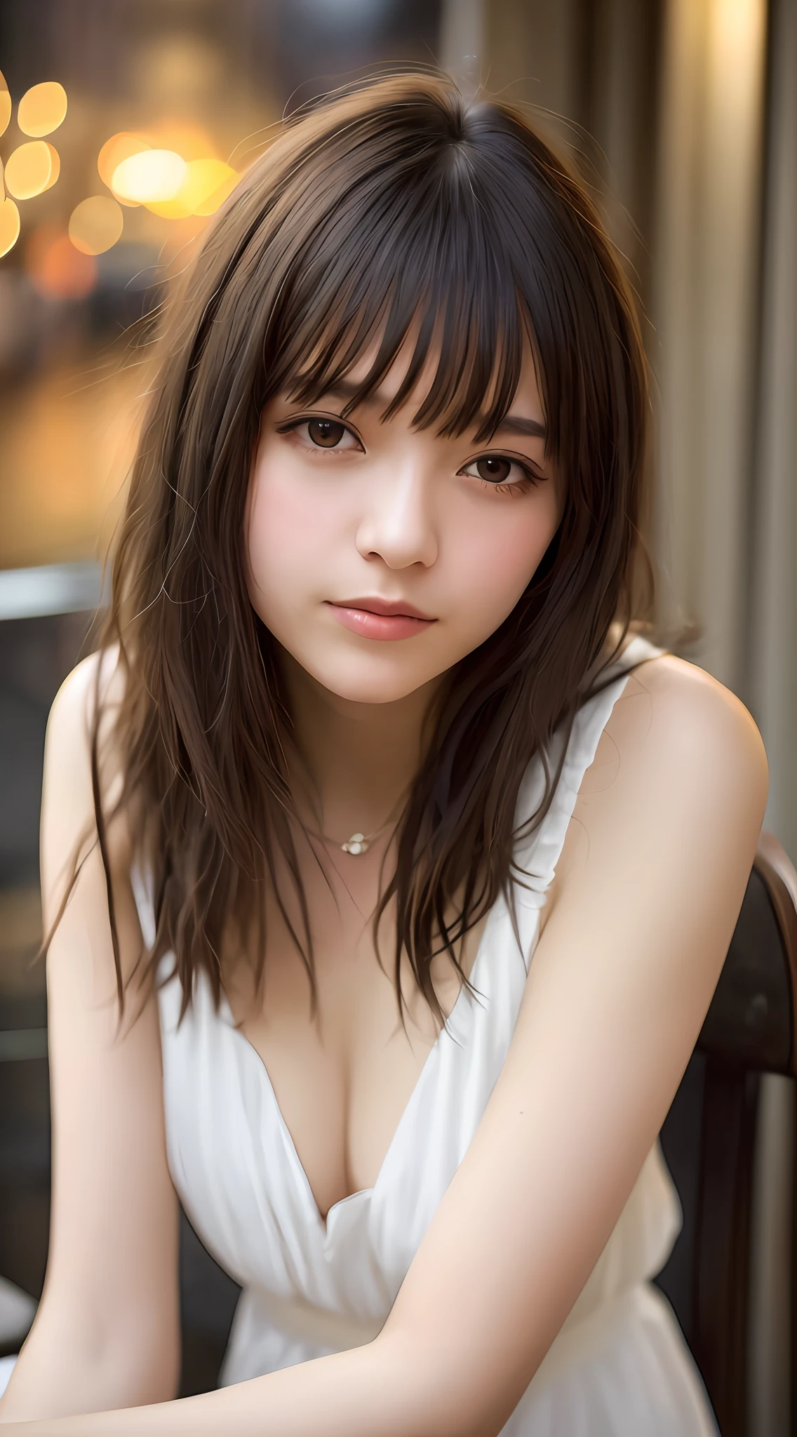 Stunning close-up portrait of a young and beautiful woman with RAW, analog style and impressive features. She should have long, flowing hair, a seductive gaze, and an attractive look. The background is neutral and simple, allowing the woman to be the focal point of the image. Pay attention to details, such as highlights and shadows on her face and hair, to create realistic and realistic images. Experiment with different lighting techniques to enhance the mood and atmosphere of your portrait. The final product should be a masterpiece that captures the essence and beauty of women ((very detailed skin, skin details)), Sharp Focus, Volumetric Fog, 8K, UHD, DSLR, High Quality, Film Grain, FUJIFILM XT3, White Sleeveless Dress, Hemp Dress, Short Hair, Tousled Hair, Antique Cafe Chair, Little Smile, Outside the window: rain, crowd, night, evening, warm lights, dark lights