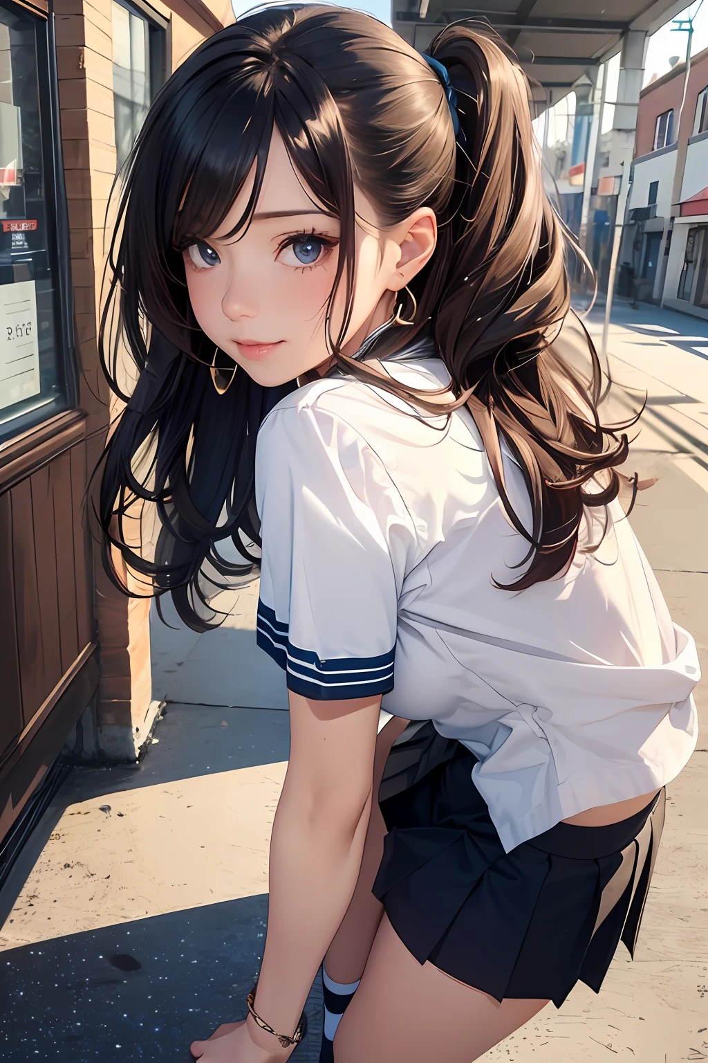 (Masterpiece: 1.3), (Maximum resolution: 1.2), (Ultra HDTV: 1.2), Cinema light, Ultra HDTV, (Detailed eyes and skin), (Detailed facial features), HDR, 8k resolution, Sharp Focus: 1.2, Perfect style, beautiful face, Perfect body, accurate, anatomically correct, highly detailed face and skin texture, detailed eyes, Dark-blue eyes, double eyelids, thin eyebrows, glitter eyeliner: 1.2, natural cheeks, glossy skin, fair skin: 1.2, shiny little necklace and earrings, (glossy lips: 1.4), BREAK, first-person-view, (she is very Cute high school student), (Wearing a Button up shirt, pleated mini skirt, Navy tie, high socks), (seductive smile: 1.2), ((Innocent and Cute girl:1.3)), (side-Ponytail Hairstyle, wavy hair), (Light-brown hair:1.2), medium long hair, (Cowboy shot: 1.2), BREAK, ((Very intimate relationships: 1.2)), medium large breasts, ((Looking back at me:1.2)), ((In front of the shoe box at school)), from behind,