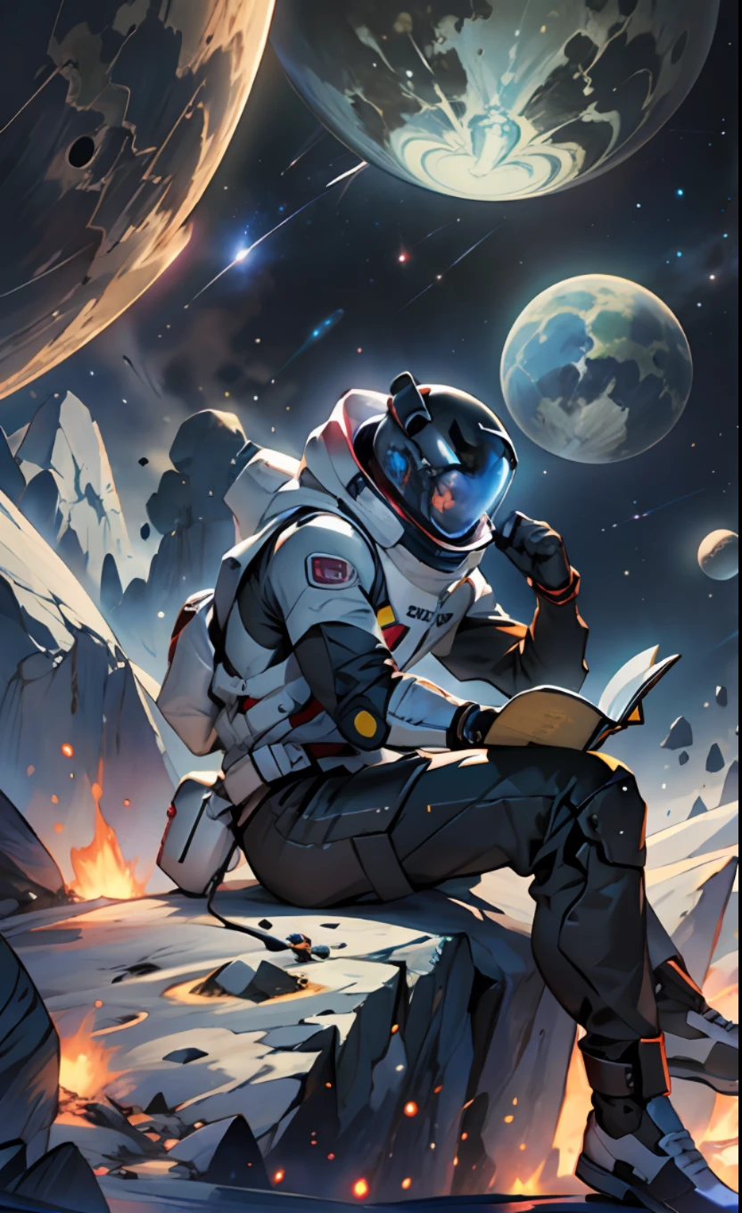 ((Masterpiece, Top Quality, Best Quality, Beauty and Aesthetics: 1.2, 32K, Masterpiece: 1.2)), depicts a young handsome guy, sitting on a research platform floating in the middle of the asteroid belt. He was studying with a notebook, surrounded by several asteroids that emitted fiery halos. Dramatic lights from distant stars and planets illuminated the scene, casting deep shadows over the spacesuit. Young man looks confident and determined, looking at the vast and mysterious universe with amazement and respect, cowboy shots,