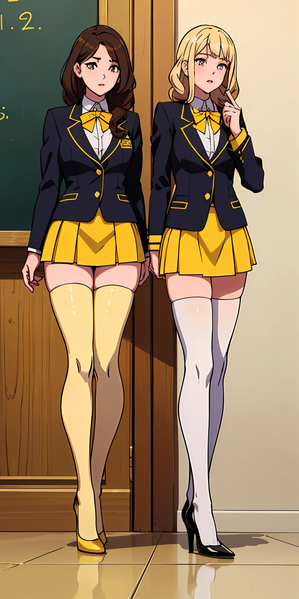 ((Masterpiece, highres)), 2girls, duo, twins, ((one brown haired girl, one blonde girl)), long hair, curly hair, matching hairstyles, different hair color, (((matching outfits, identical outfits, yellow school uniforms, sexy school uniforms, yellow blazer, yellow short skirt, white thighhighs, black high heels)))