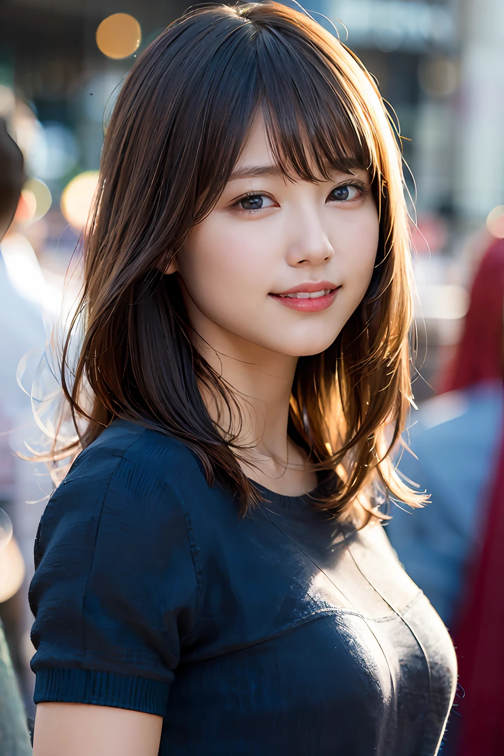 (8k, RAW photo, best quality, masterpiece:1.2), (realistic, photo-realistic:1.37), ultra-detailed, ultra high res,1 girl,looking at viewer,beautiful detailed face,smile,narrow,(slim waist:1.3),shirt, beautiful detailed skin, skin texture, floating hair,professional lighting,