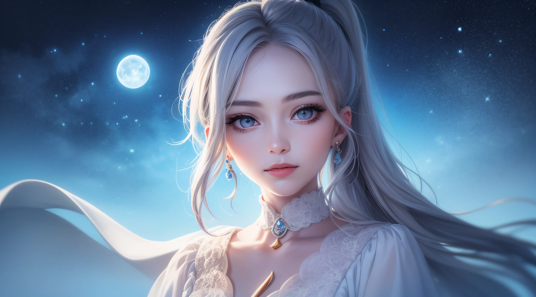 Masterpiece, (Best Quality: 1.2), (Super Fine: 1.2), Illustration, (Extremely Delicate and Beautiful: 1.2), Film Angle, Floating, (Beautiful Detail Eye: 1.1), (Detail Light: 1.1), Film Lights, Delicate Sky, Woman, White Hair, Blue Eyes, (High Ponytail: 1.1), Cloak, Glowing Eyes, (Moon: 1.2), (Moonlight: 1.1), Starry Sky, (Light Particles: 1.1), Fog , snow painting, sketching, blooming