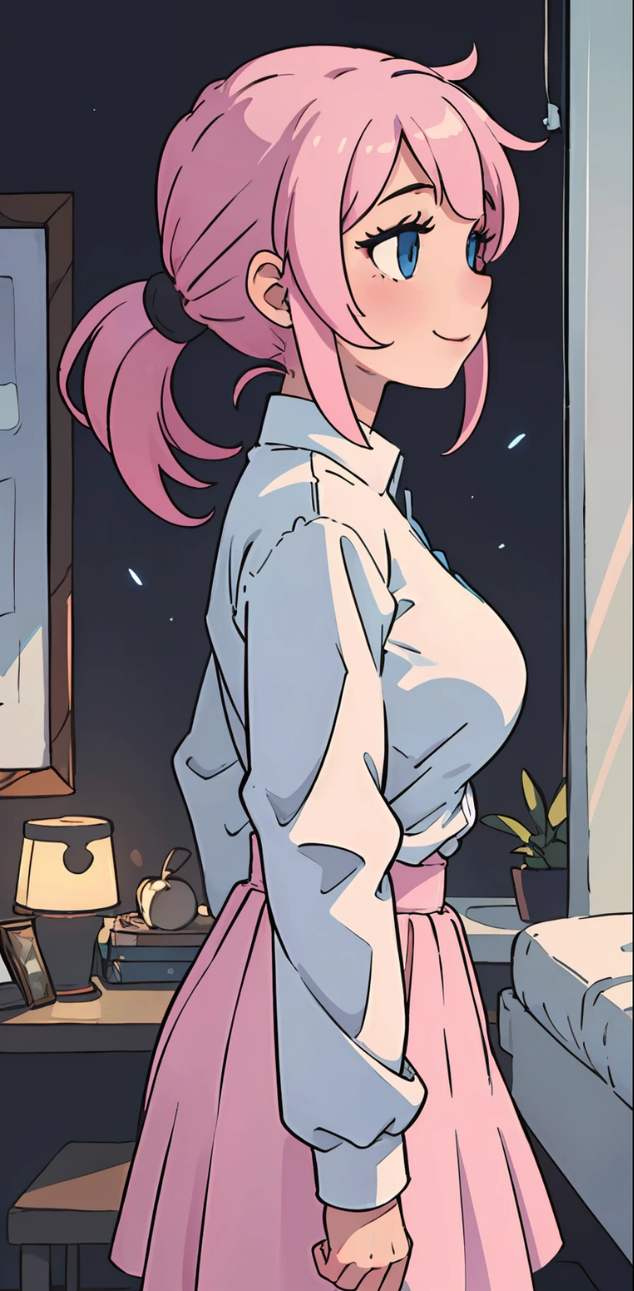 the detail,hightquality,Hi-Def,a masterpiece of,pink hair,ponytailhair,1girl huge large breasts,Blue eyes,lovly,ssmile,Slim figure,Side view,Upper body body,Room without lights on,Faint sunshine,Stylish clothes