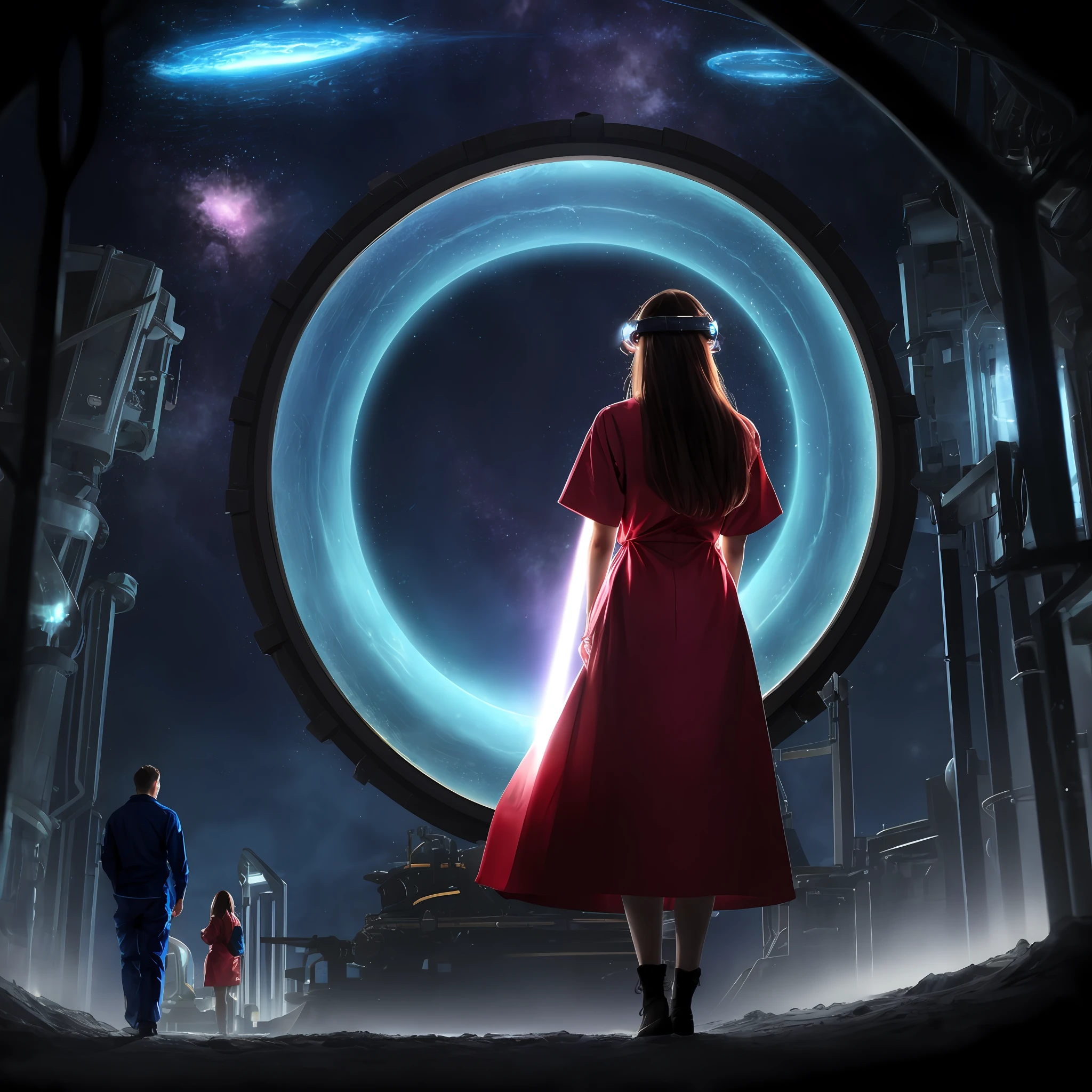 22Yr old smart couple wearing Lab Coat, working in lab, glowing large circular stargate invention assembly ahead, eureca moment, scientific discovery, close to machine assembly for the stargate, hands reached to the floating stargateinvention assembly, portal at the middle of the stargate, portal glow illumination, lportal glow illumination, machine parts scattered around (natural skin texture, hyperrealism, soft light, sharp), Full body back shot