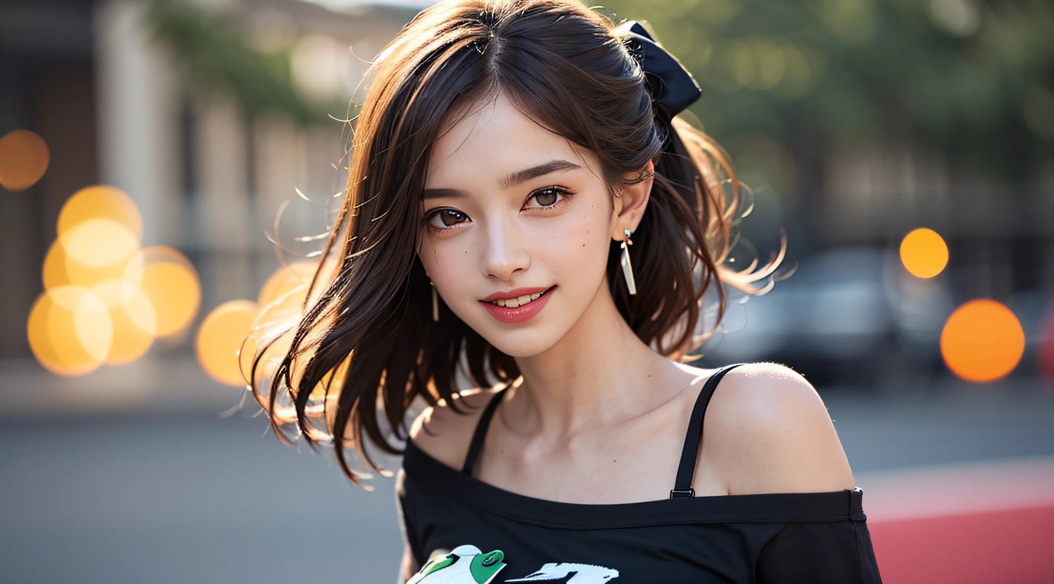 (8k, RAW photos,best quality, high resolution:1.1), (hyperrealistic:1.4),(realistic, photorealistic:1.3), soft light,big breasts,girl,realistic face,realistic body,realistic skin,absurdity,masterpiece,(cute:1.8), cuties, solo, (big breasts:1.2), detailed black eyes,innocent eyes,blusher,(t-shirt:1.2), cinema light,film grain,jewelry,earrings,((Medium hair:1.1)),((Floating Hair Novafrog Style)),cherry colored lips,hair ribbon,hair bow,ponytail,closeup,look viewer,long hair,upper body,open lips,upper teeth, (smiling eyes:0.6),((grinning:1.2)),depth of field, blurred background, eye focus, Bokeh,Young, 85mm Lens, f/1.4,Professional Lighting, Young,Portrait,Photon Mapping,Radiosity,Physically Based Rendering,No Bra