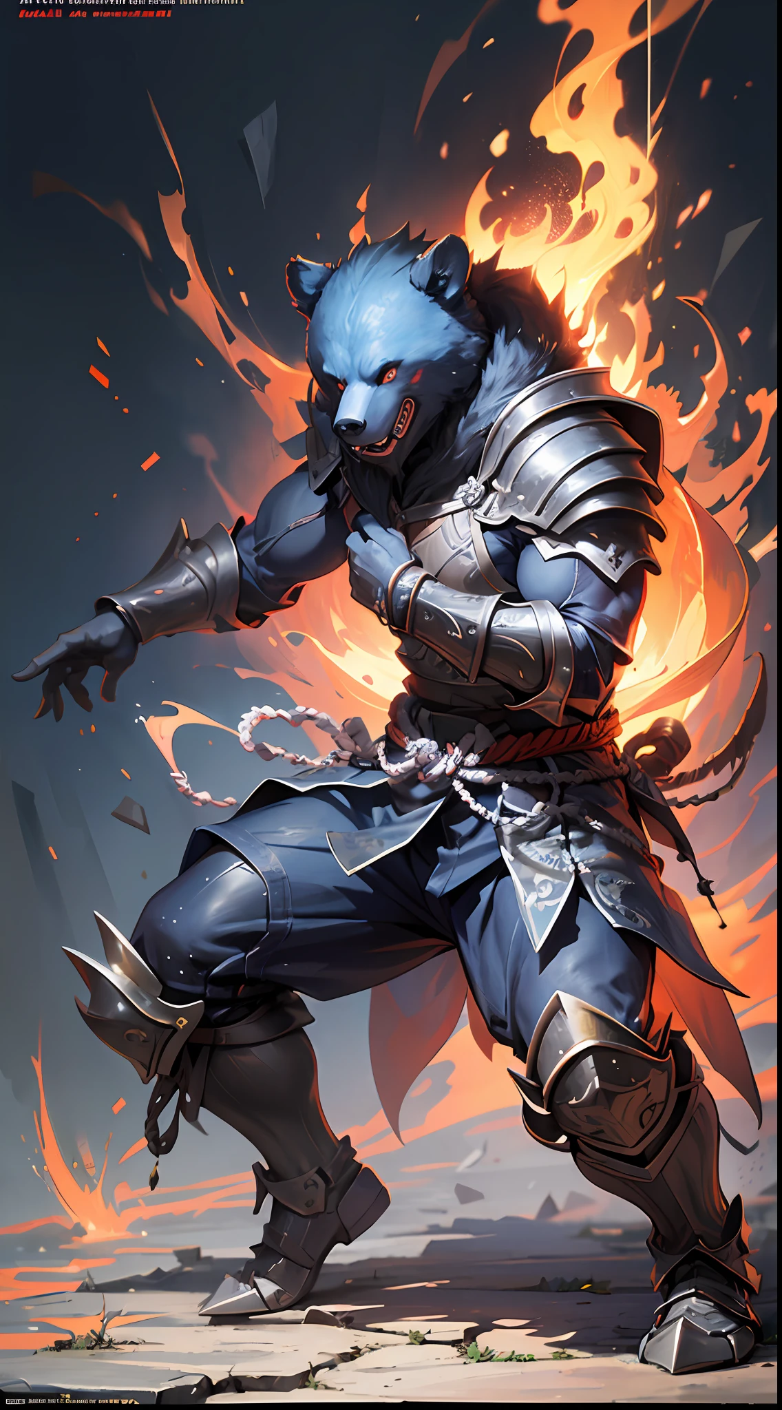 (Masterpiece), best quality, (extremely fine CG uniform 8k wallpaper), (best quality), (best illustration), (best shadow), full body photo, anthropomorphic black bear, Hercules, warrior, China Heavy armor, Chinese ink style, stunning epic ancient Chinese theme, martial arts style, Chinese fairy tales, highly detailed, dynamic, cinematic, stunning, realistic lighting, vivid, vibrant, 8k, octane rendering, fantasy engine, very detailed , concept art, reality, crying engine,