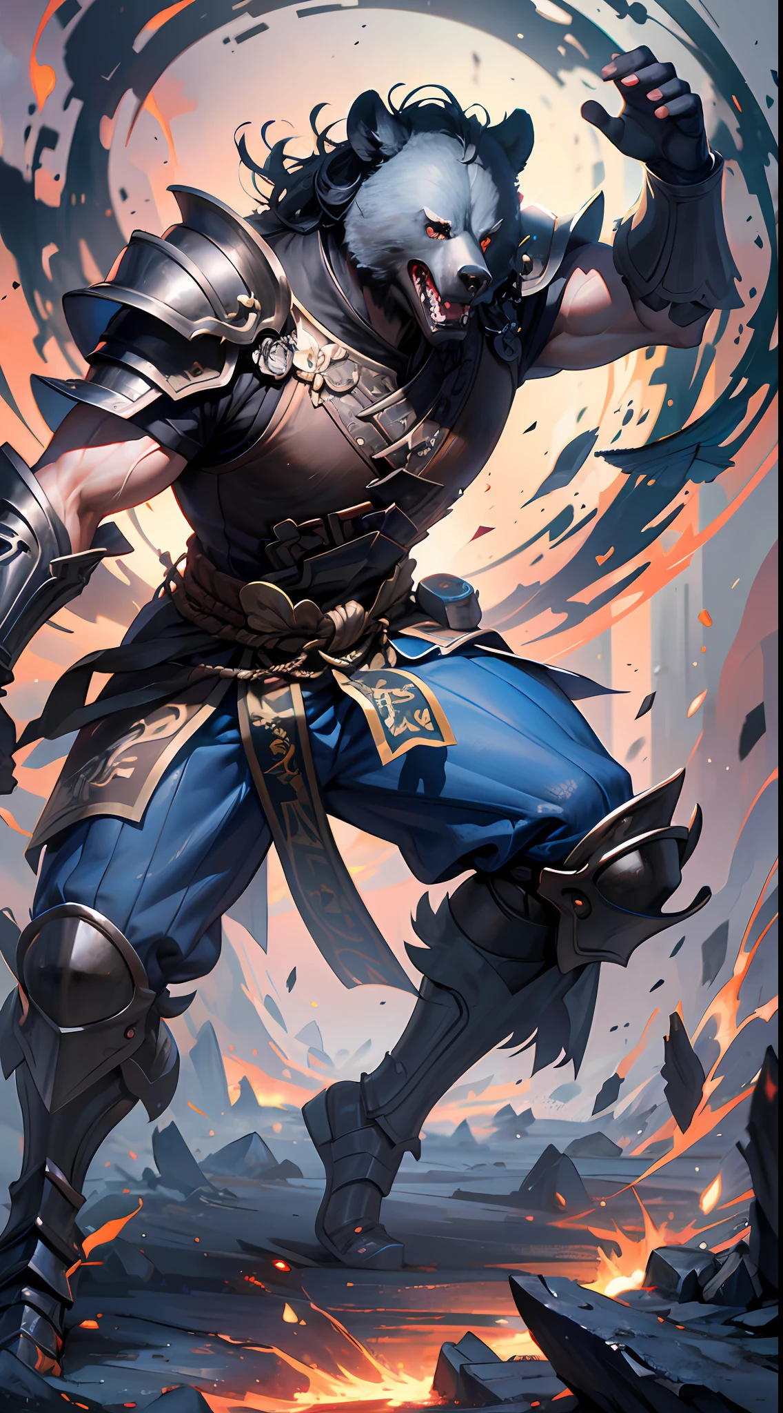 (Masterpiece), best quality, (extremely fine CG uniform 8k wallpaper), (best quality), (best illustration), (best shadow), full body photo, anthropomorphic black bear, Hercules, warrior, China Heavy armor, Chinese ink style, stunning epic ancient Chinese theme, martial arts style, Chinese fairy tales, highly detailed, dynamic, cinematic, stunning, realistic lighting, vivid, vibrant, 8k, octane rendering, fantasy engine, very detailed , concept art, reality, crying engine,