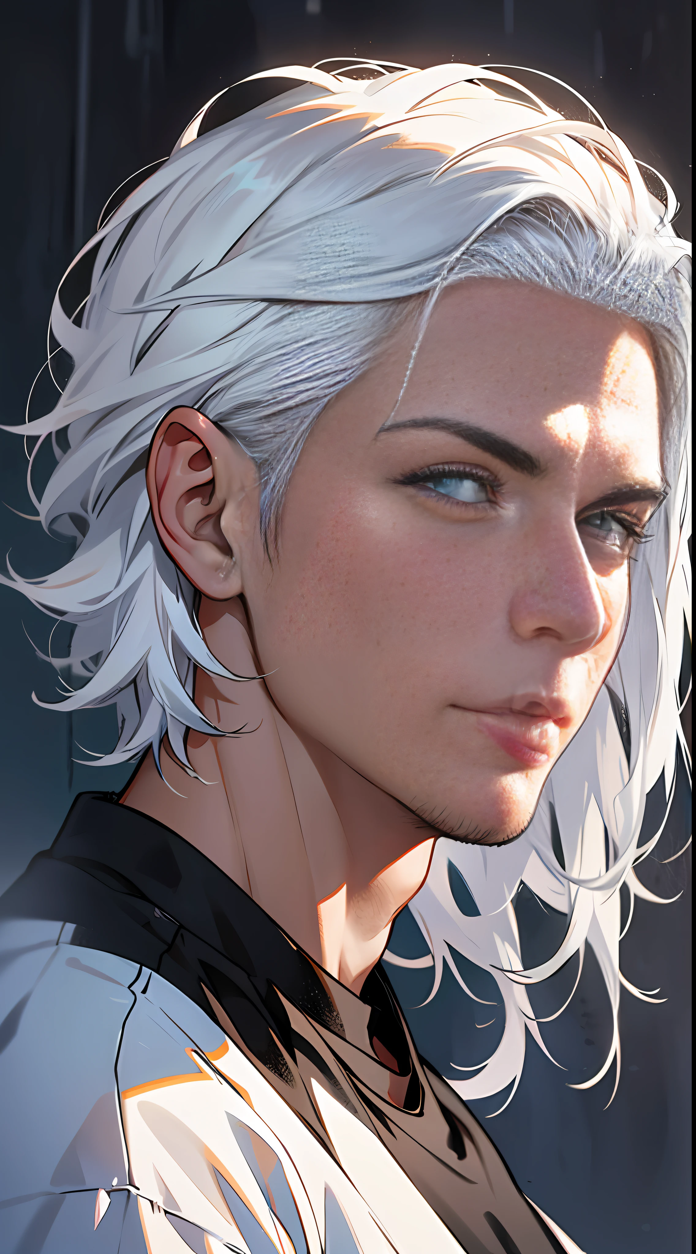 Two men,One is tall、Man in white hair and white shirt,He was followed by a man wearing a black T-shirt with black hair。, from side, 8k, super detail, ccurate, best quality