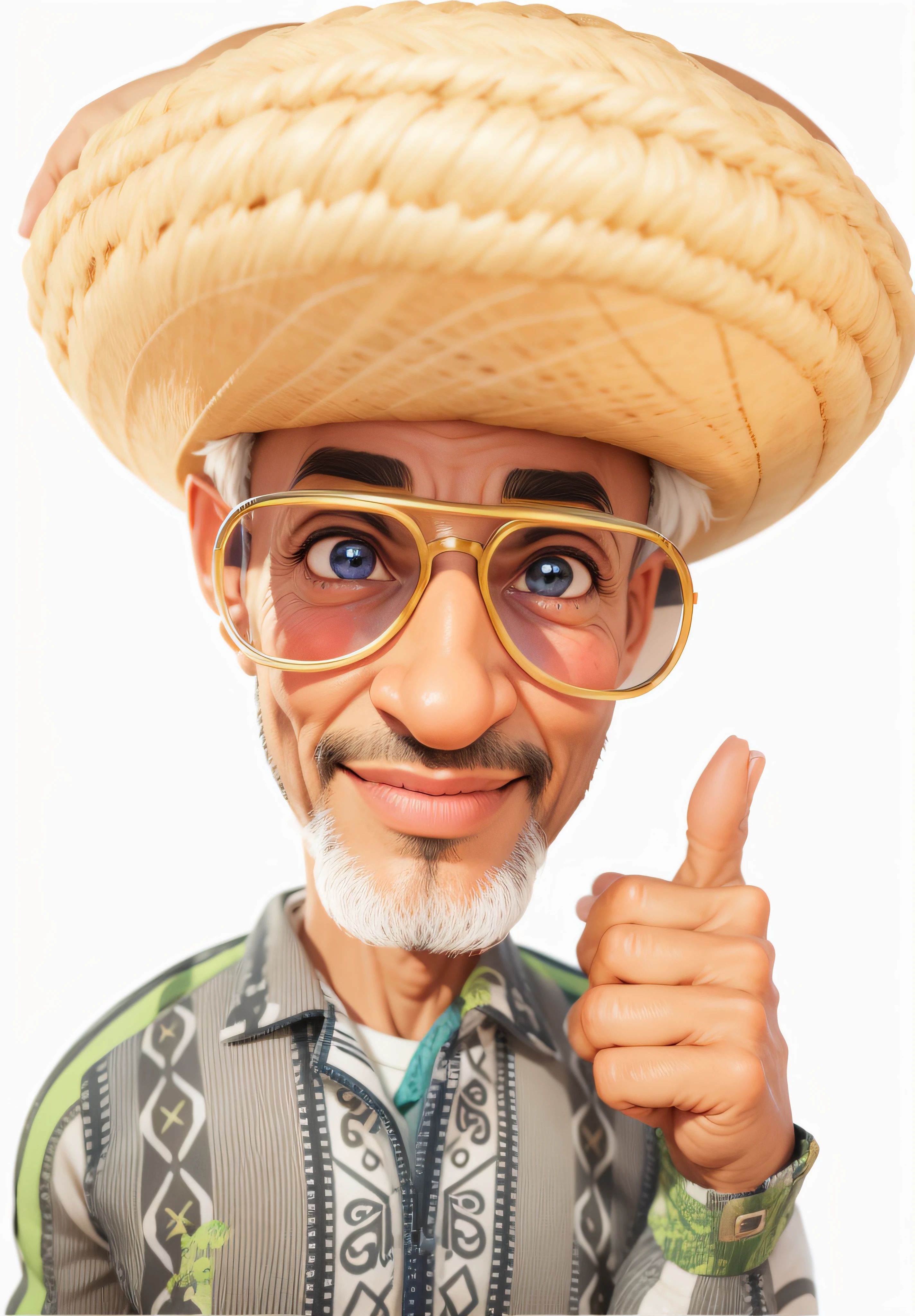 Pele negra, [[queimada do sol] olhos castanhos escuros, sun glasses, lentes com reflexo, Barba branca com alguns cabelos pretos, realista, personagem alegre, Senhor de 65 anos, caricatura, 3D 4K