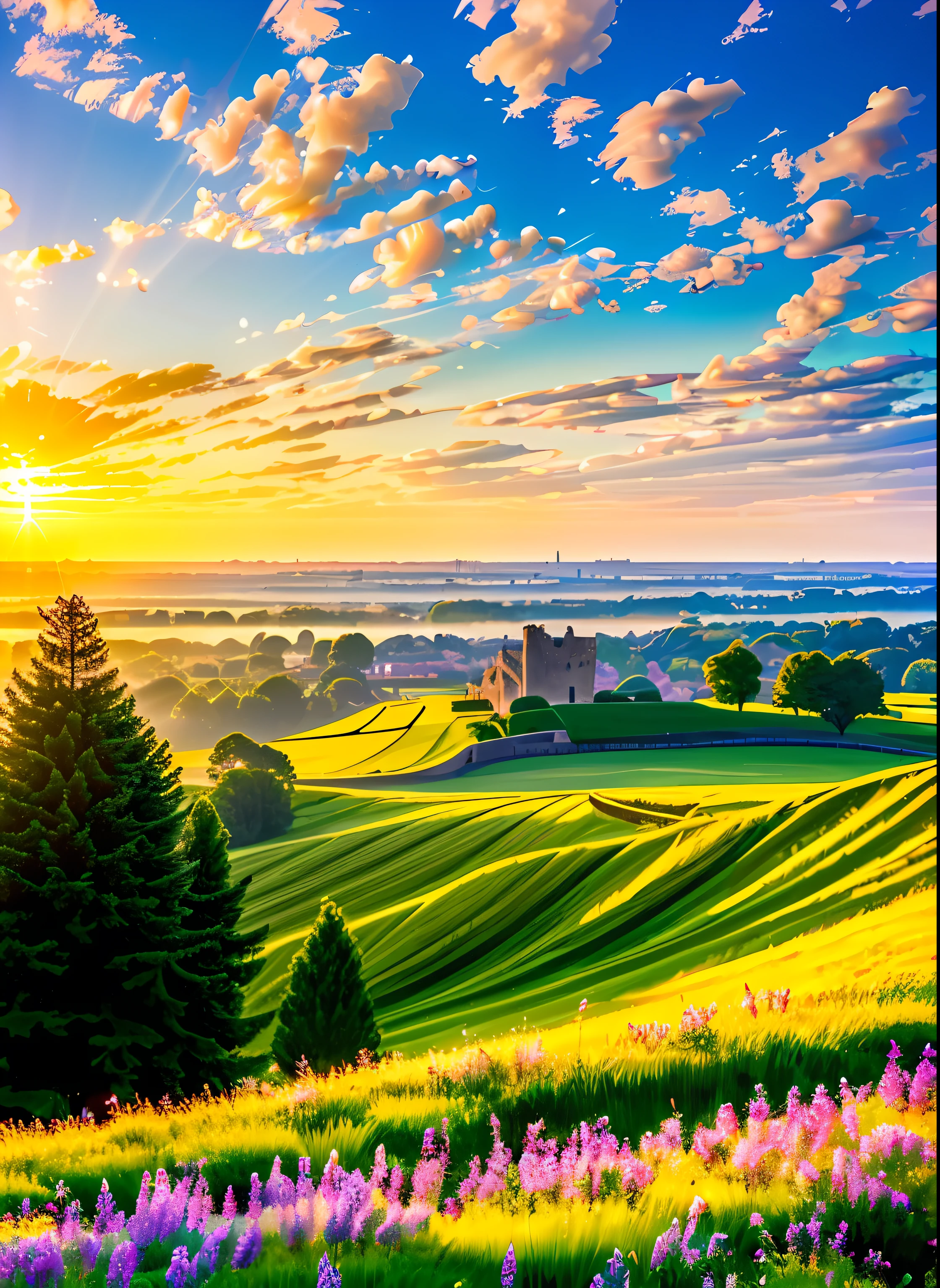 ((masterpiece, best quality)), multiple maidens, behind the vast and fantastic landscape, in the distance towering castles and minarets, with colorful clouds, multicolored flowers