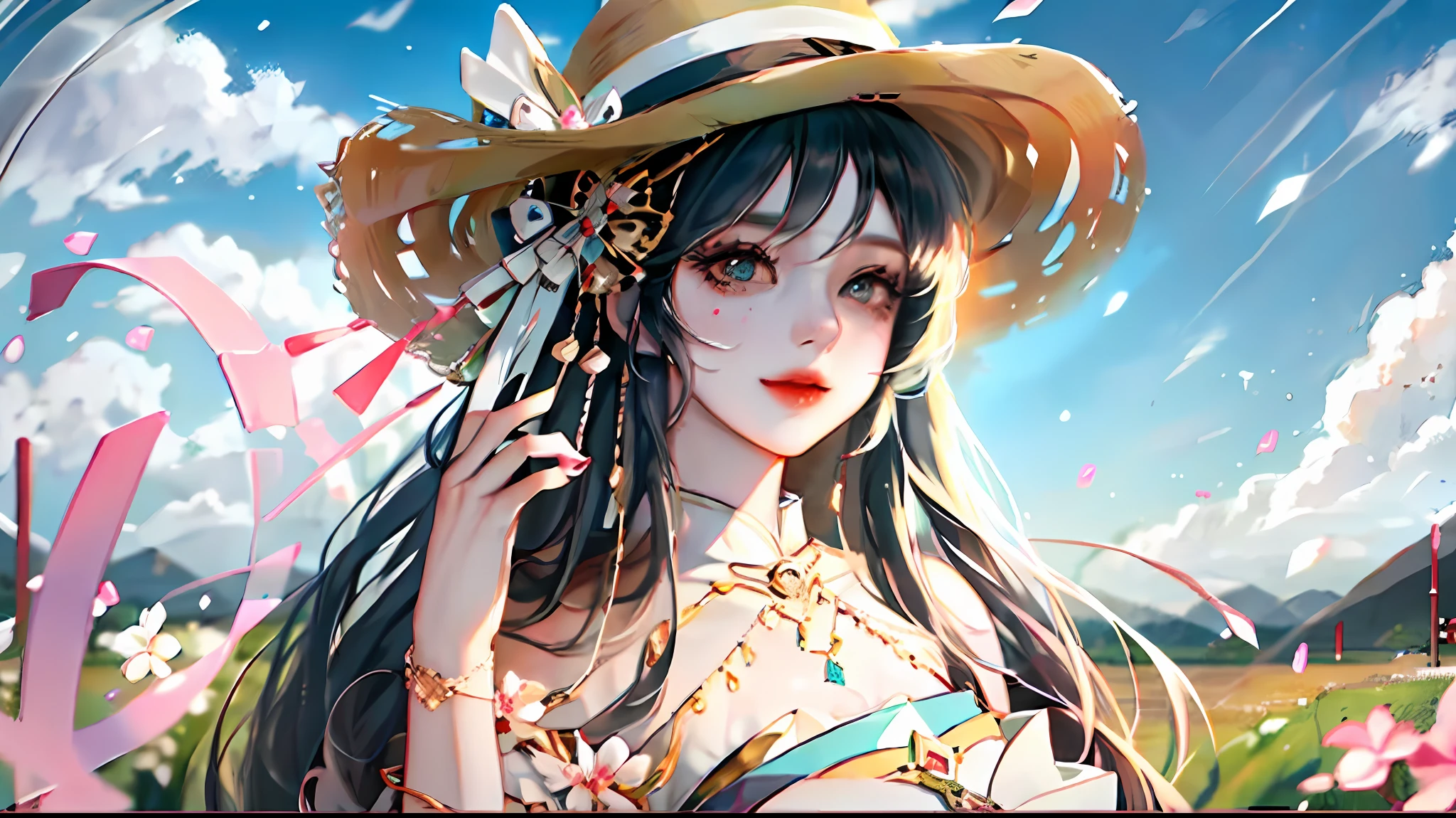 1girl, bangs, brunette hair, blunt bangs, shut up, earrings, eyelashes, eye shadow, face markers, hair accessories, headwear, jewelry, lips, long hair, looking at the audience, makeup, colorful hair, portrait, red eyes, red lips, simple background, solo, tassels, white background, (shiny skin), (masterpiece: 1.4), (best quality: 1.4), realistic, fassi girl