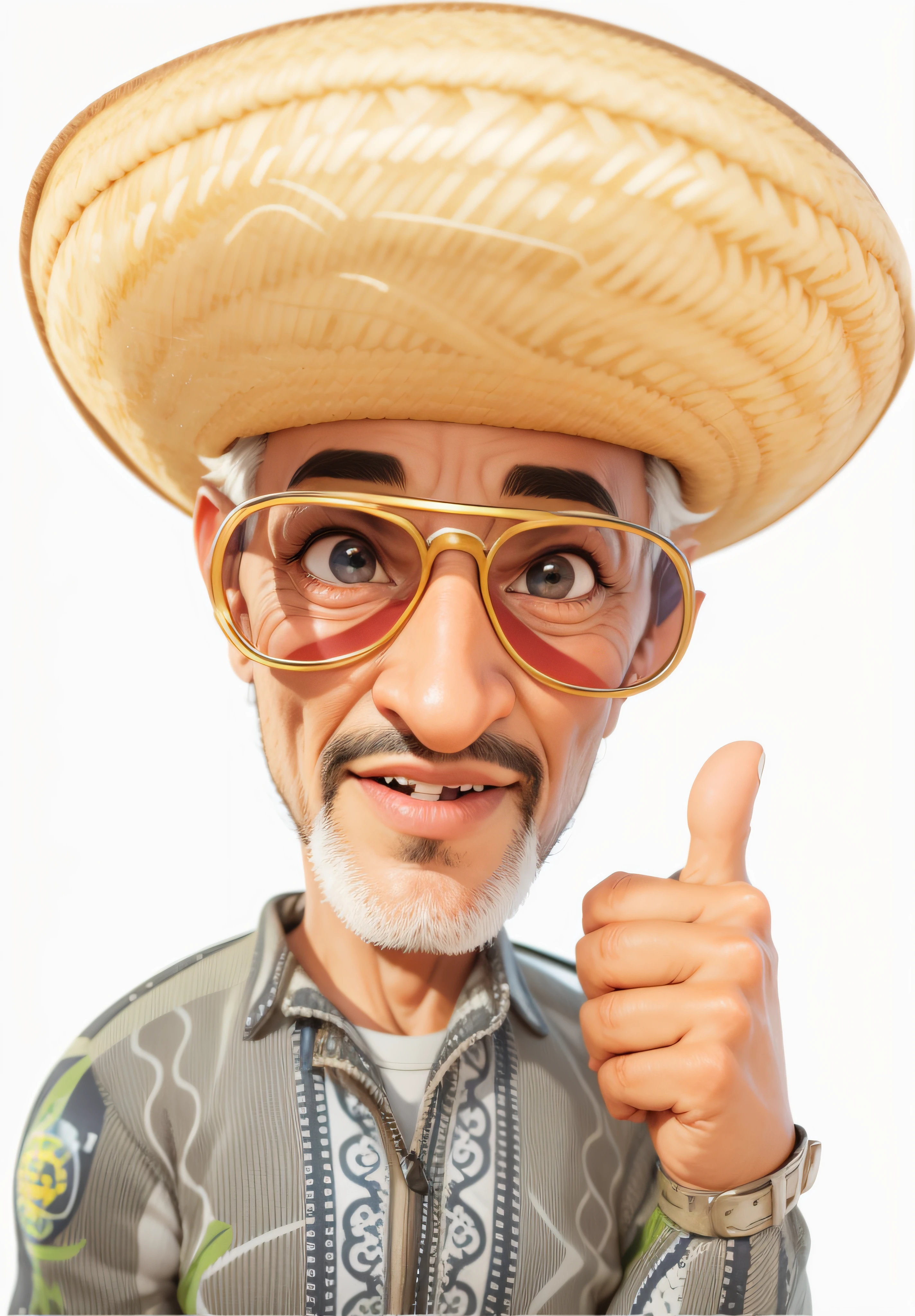 Pele negra, [[queimada do sol] olhos castanhos escuros, sun glasses, lentes com reflexo, Barba branca com alguns cabelos pretos, realista, personagem alegre, Senhor de 65 anos, caricatura, 3D 4K