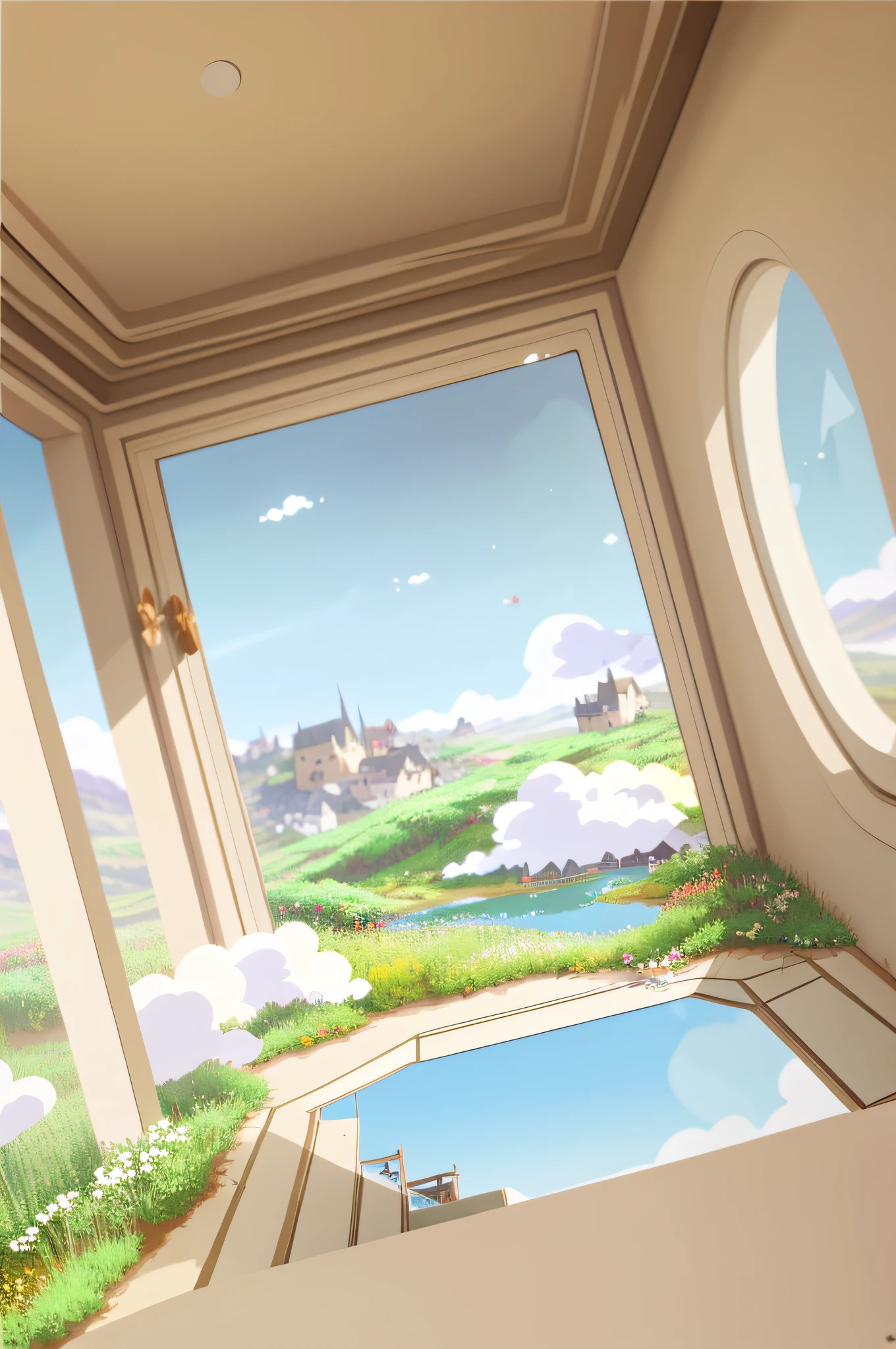 high-definition picture quality，there is a picture of a window with a view of a field, open window ib background, Detailed scenery —width 672, interior background art, airy landscape, optimistic matte painting, Anime landscape concept art, anime backgrounds, Anime background art, a surreal dream landscape, surreal concept art, detailed scenic view, Relaxing concept art, personal room background, scenic view