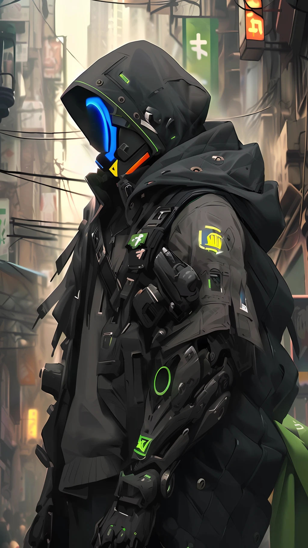 las marcas de la chaqueta convierte en triangulos azul neon, agrega un  cibercasco realista del estilo daftpunk pero mas rudo e intimidante