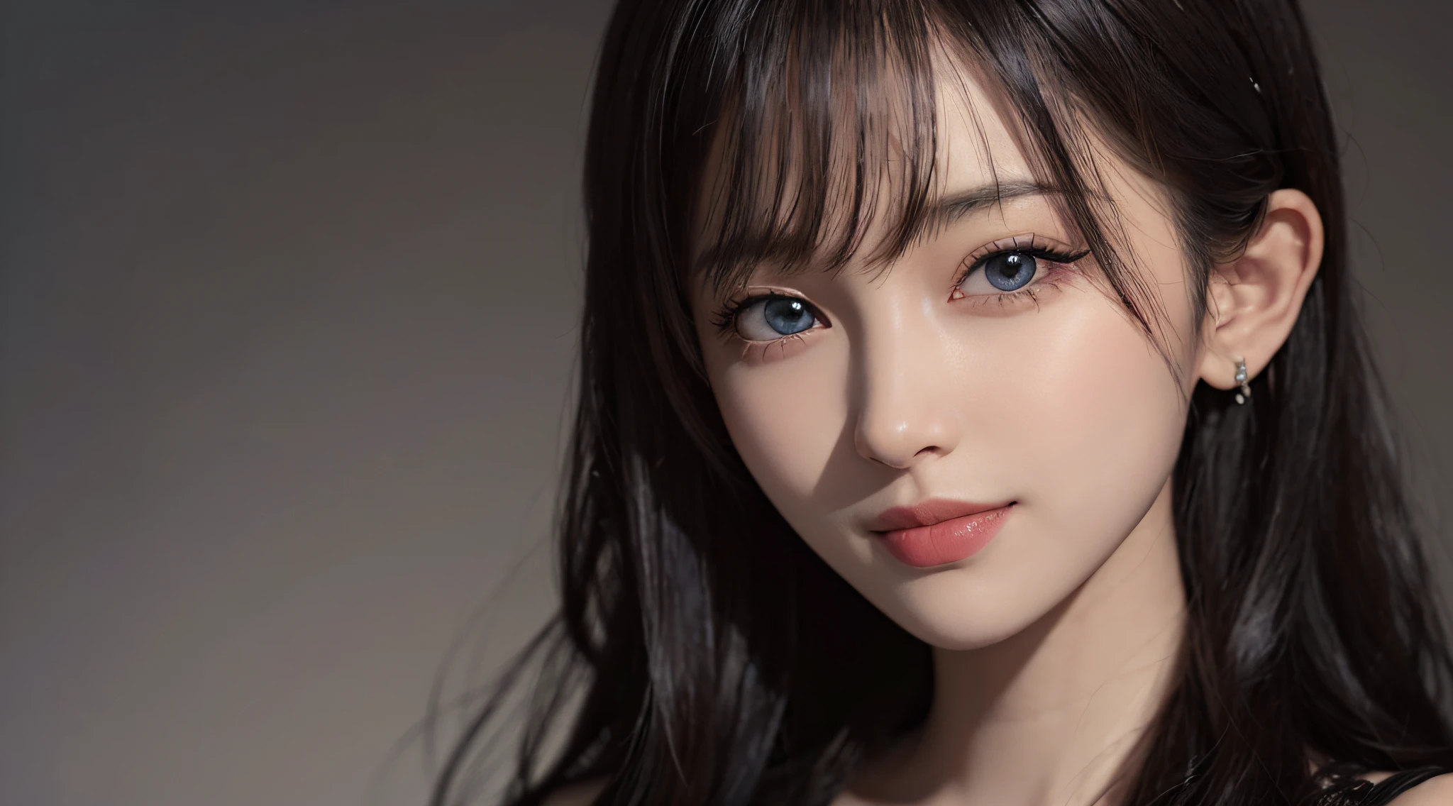 (Ultra Realistic), (Illustration), (Increased Resolution), (8K), (Extremely Detailed), (Best Illustration), (Beautiful and Detailed Eyes), (Best Quality), (Ultra Detailed), (Masterpiece ), ( wallpaper), (detailed face), solo, 1 girl, looking at viewer, fine details, detailed face, in the dark, deep shadows, low key, pureerosfaceace_v1, smiling, long hair, black shawl straight hair , 46 points oblique bangs