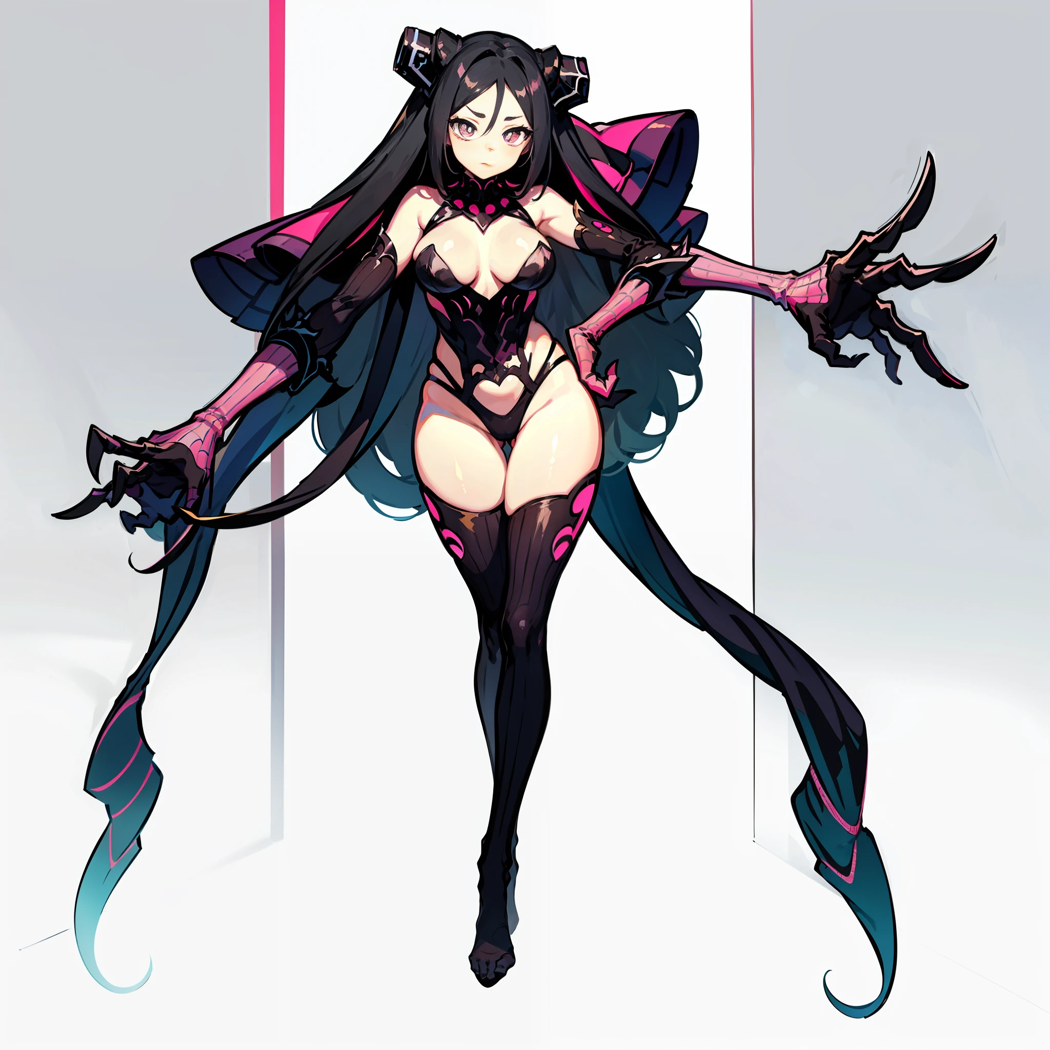 white backgroung,simplebackground,Character setting drawings,Full body portrait,Spider monsters,Six hands,Two feet,large tities,The pose is charming,Lewdness,Pink pupils,Coiled hair,
