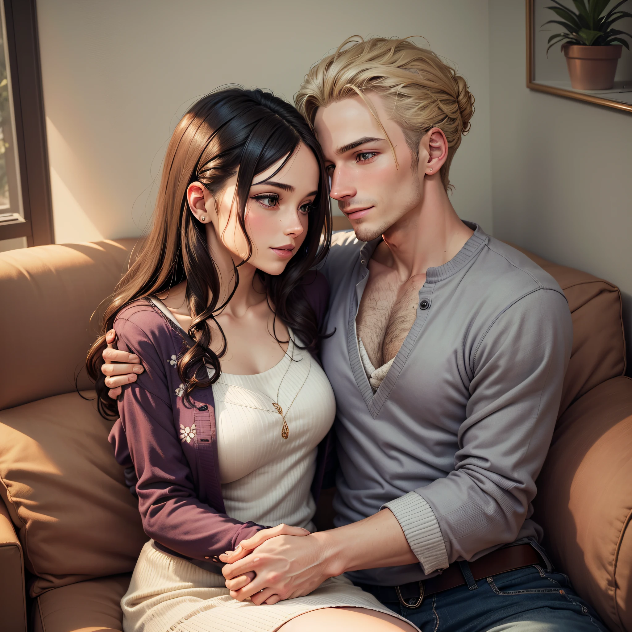 um casal , consisting of a boy with dark blonde hair and a short, big-headed girl, both with brown eyes, kissing;