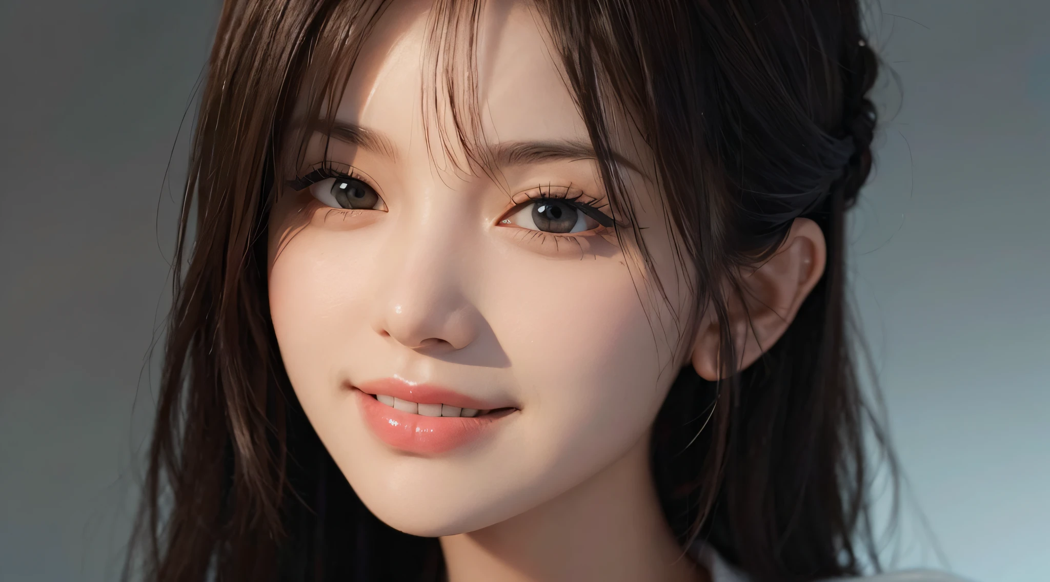 (Ultra Realistic), (Illustration), (Increased Resolution), (8K), (Extremely Detailed), (Best Illustration), (Beautiful and Detailed Eyes), (Best Quality), (Ultra Detailed), (Masterpiece ), ( wallpaper), (detailed face), solo, 1 girl, looking at viewer, fine details, detailed face, in the dark, deep shadows, low key, pureerosfaceace_v1, smiling, long hair, black shawl straight hair , 46 points oblique bangs
