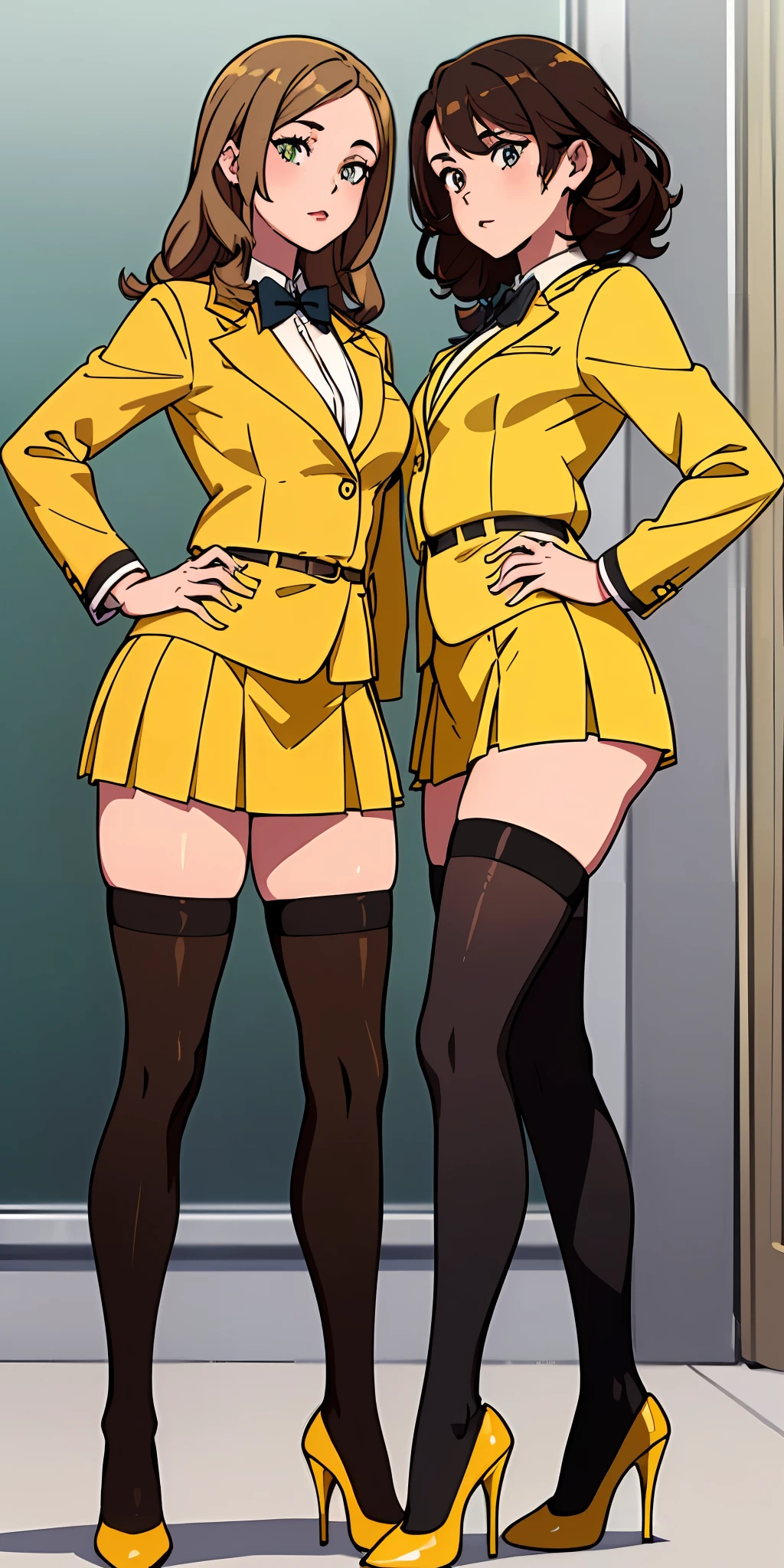 ((Masterpiece, highres)), 2girls, duo, twins, ((one brown haired girl, one blonde girl)), long hair, curly hair, matching hairstyles, different hair color, confident, elegant,  (((matching outfits, identical outfits, yellow school uniforms, sexy school uniforms, yellow blazer, yellow short skirt, white thighhighs, black high heels)))