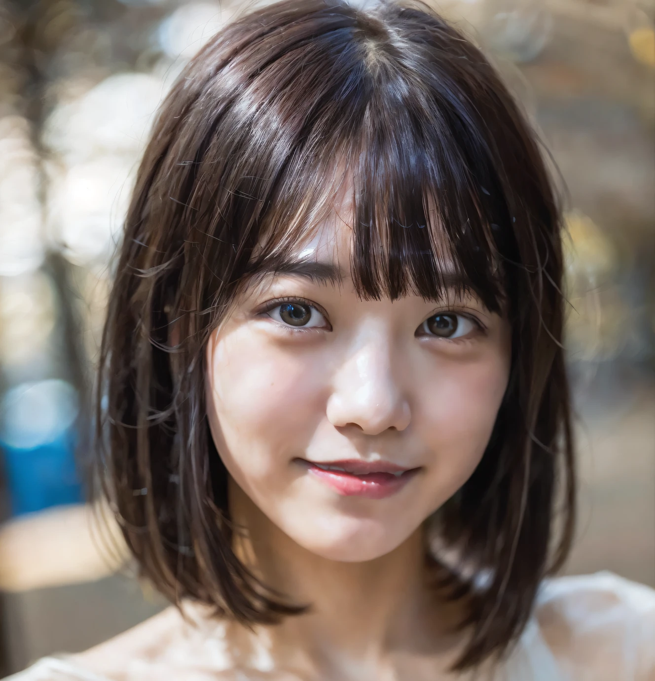 arafed asian woman with a short brown hair and a white shirt, With short hair, chiho, girl cute-fine-face, black hime-cut hair, beautiful japanese girls face, neat hair with bangs, Kotegawa Yui, shikamimi, with short hair with bangs, chin-length hair, young cute wan asian face, sakimichan