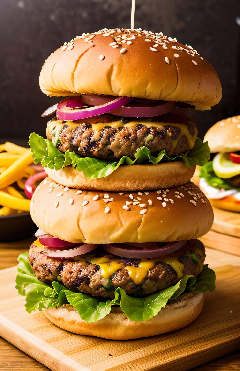 Photo of a three-tier beef cheeseburger,Plump and juicy,Creative background+,Seed bread,Pepperjack cheese,(complexdetails:1.12),hdr,(complexdetails,ultra detali:1.15)
