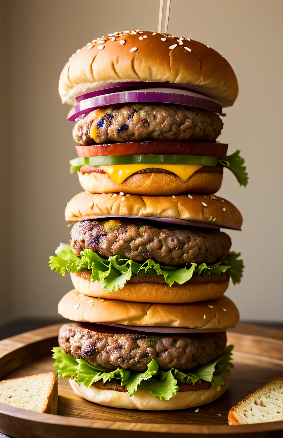 Photo of a three-tier beef cheeseburger，Plump and juicy，Creative background+，Seed bread，Pepperjack cheese，（complexdetails：1.12），hdr，（complexdetails，ultra detali：1.15）