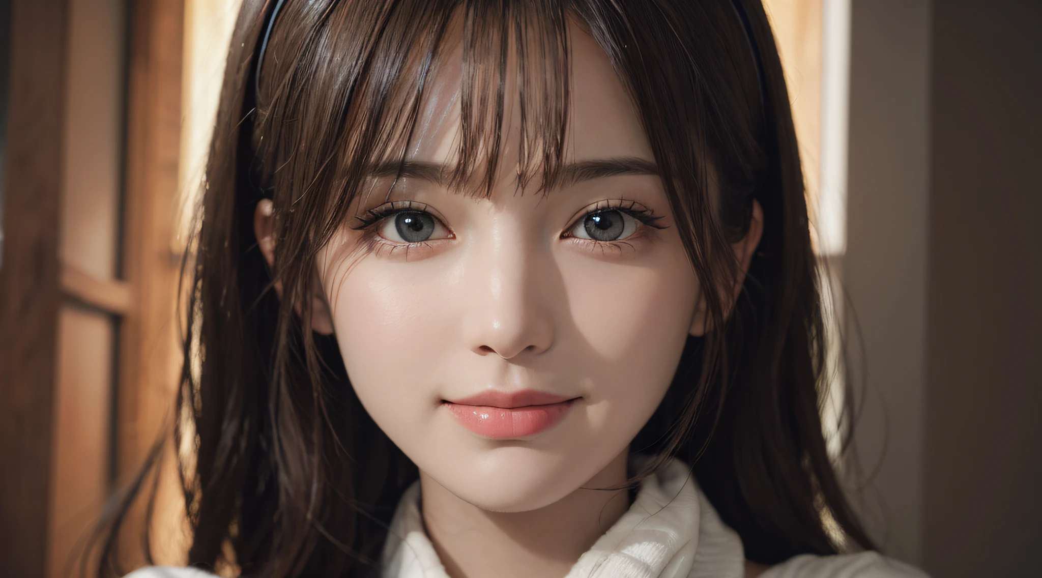(Ultra Realistic), (Illustration), (Increased Resolution), (8K), (Extremely Detailed), (Best Illustration), (Beautiful and Detailed Eyes), (Best Quality), (Ultra Detailed), (Masterpiece ), ( wallpaper), (detailed face), solo, 1 girl, looking at viewer, fine details, detailed face, in the dark, deep shadows, low key, pureerosfaceace_v1, smiling, long hair, black shawl straight hair , 46 points oblique bangs